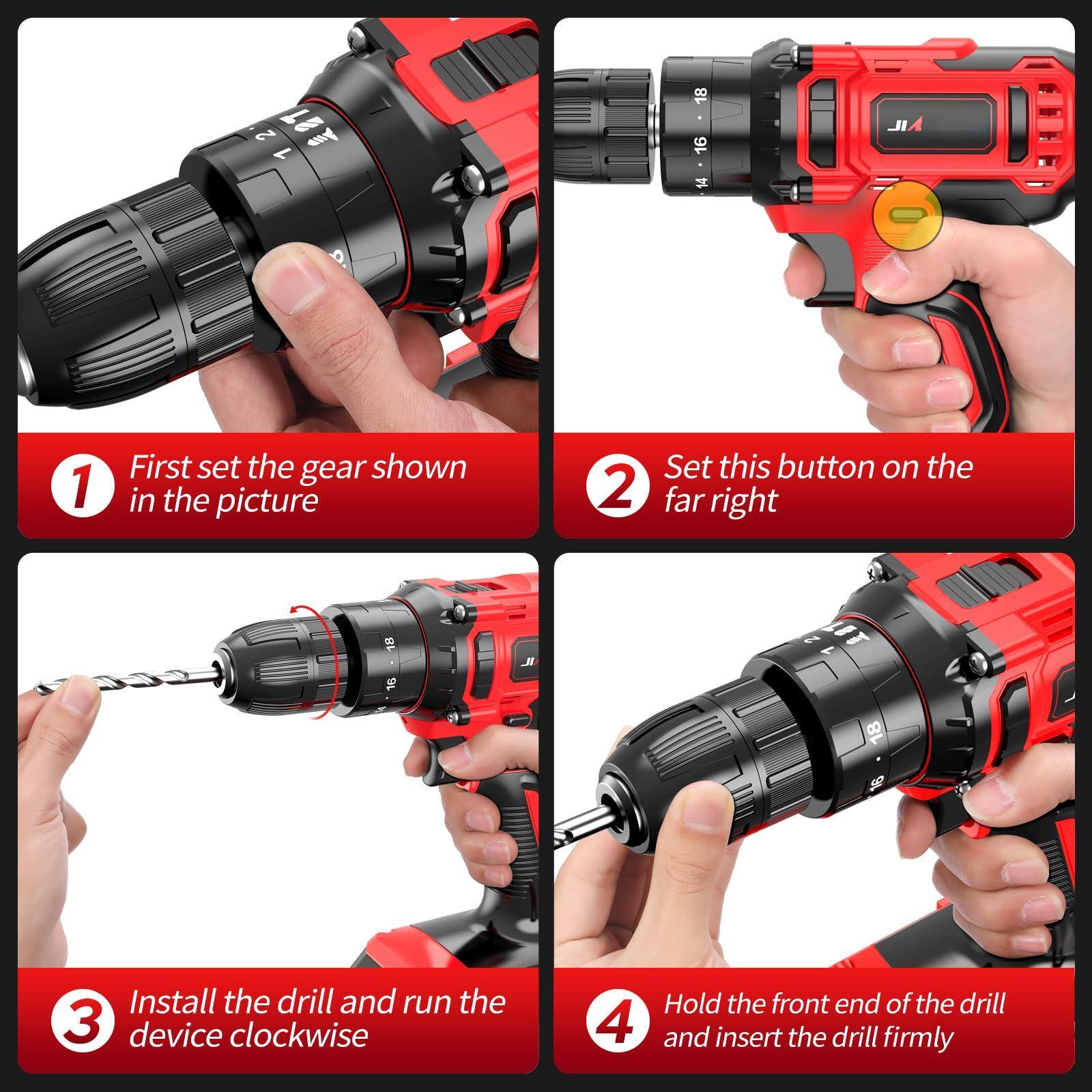 1. First set the gear shown in the picture.

2. Set this button on the far right.

3. Install the drill and run the device clockwise.

4. Hold the front end of the drill and insert the drill firmly.