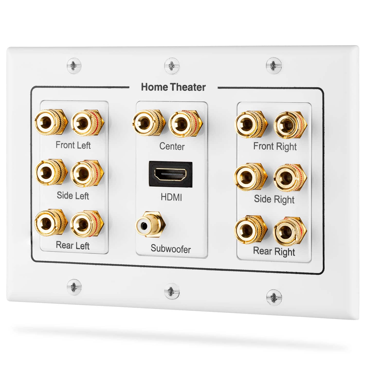 Fosmon - 3-Gang 7.1 Surround Sound Distribution Wall Plate, 7-Pair Copper Binding Posts, 1 RCA Jack, 1 High Speed HDMI 2.0 Port - White