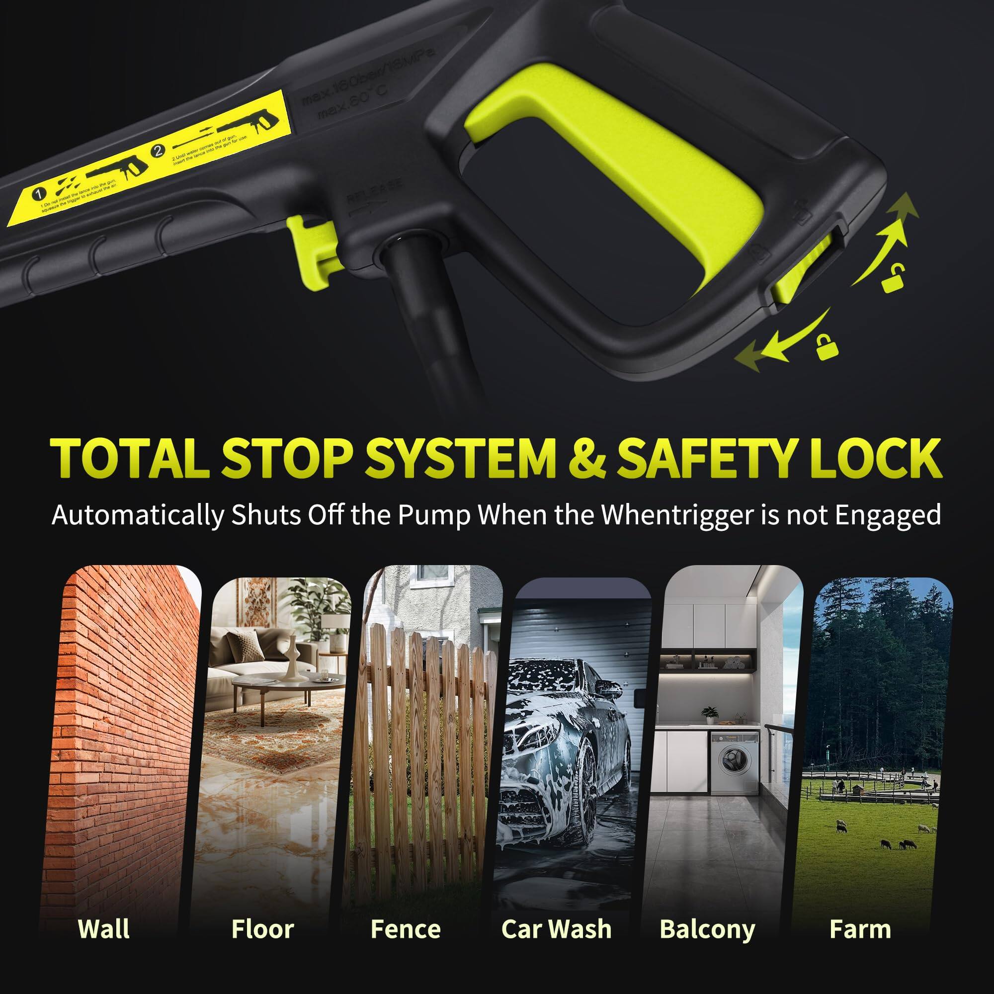 1 max.160ber/1SMPe max.80 C TOTAL STOP SYSTEM & SAFETY LOCK Automatically Shuts Off the Pump When the Whentrigger is not Engaged Wall Floor Fence Car Wash Balcony Farm