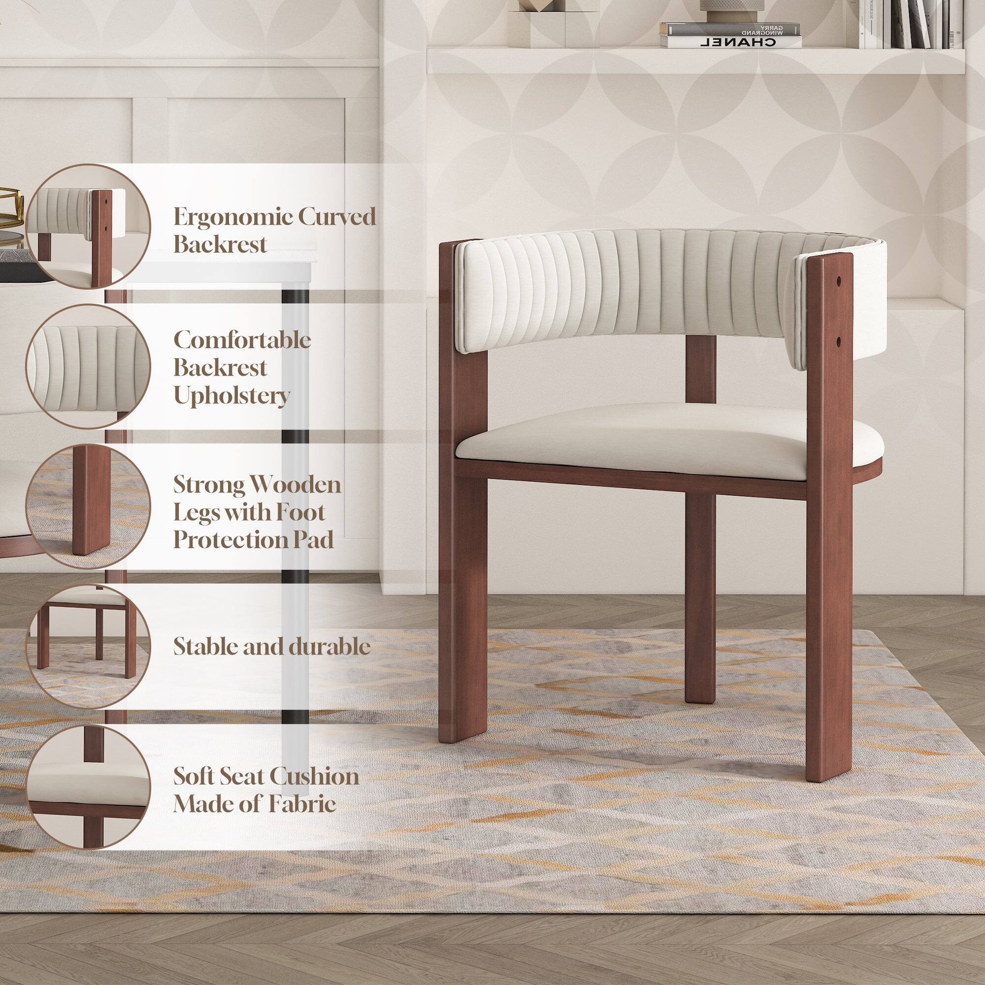 - Ergonomic Curved Backrest
- Comfortable Backrest Upholstery
- Strong Wooden Legs with Foot Protection Pad
- Stable and durable
- Soft Seat Cushion Made of Fabric