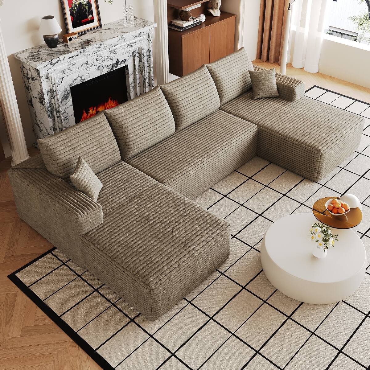 Back. Ropilly - Ropilly Cloud Sectional Sofa, U Shaped Deep Seat Couch in Camel Corduroy for Living Room - Camel.