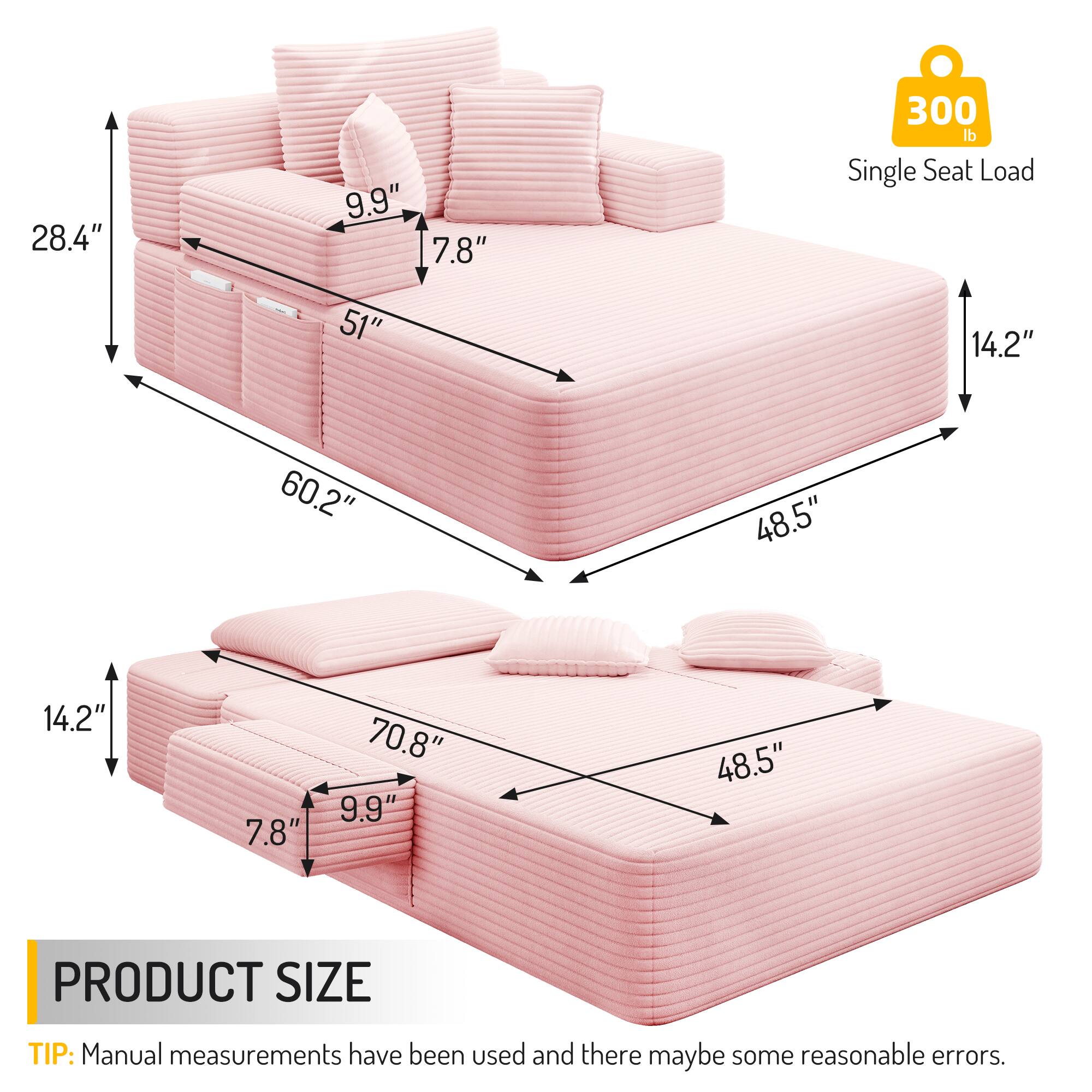 28.4" 9.9" 7.8" 300 lb Single Seat Load 51" 14.2" 60.2" 48.5" 14.2" 7.8" 70.8" 9.9" 48.5" 

PRODUCT SIZE 

TIP: Manual measurements have been used and there may be some reasonable errors.