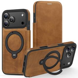 Dteck - For Apple iPhone 17 Pro Max Shockproof Leather RFID Blocking Card Slots Full Protection Mag Safe Case RIng Kickstand - Brown