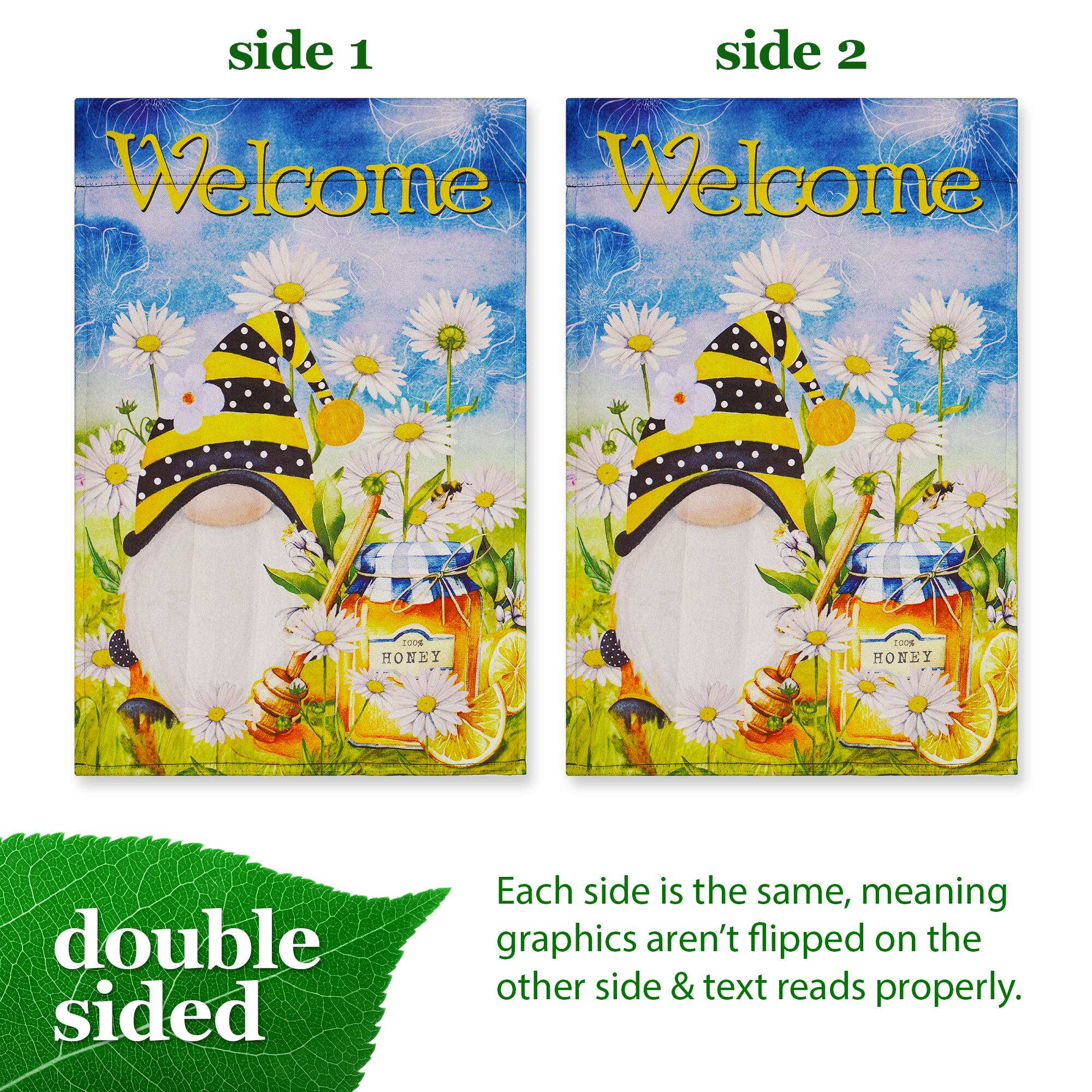 side 1 side 2 Welcome Welcome 200 HONEY OO HONEY double sided Each side is the same, meaning graphics aren't flipped on the other side & text reads properly.