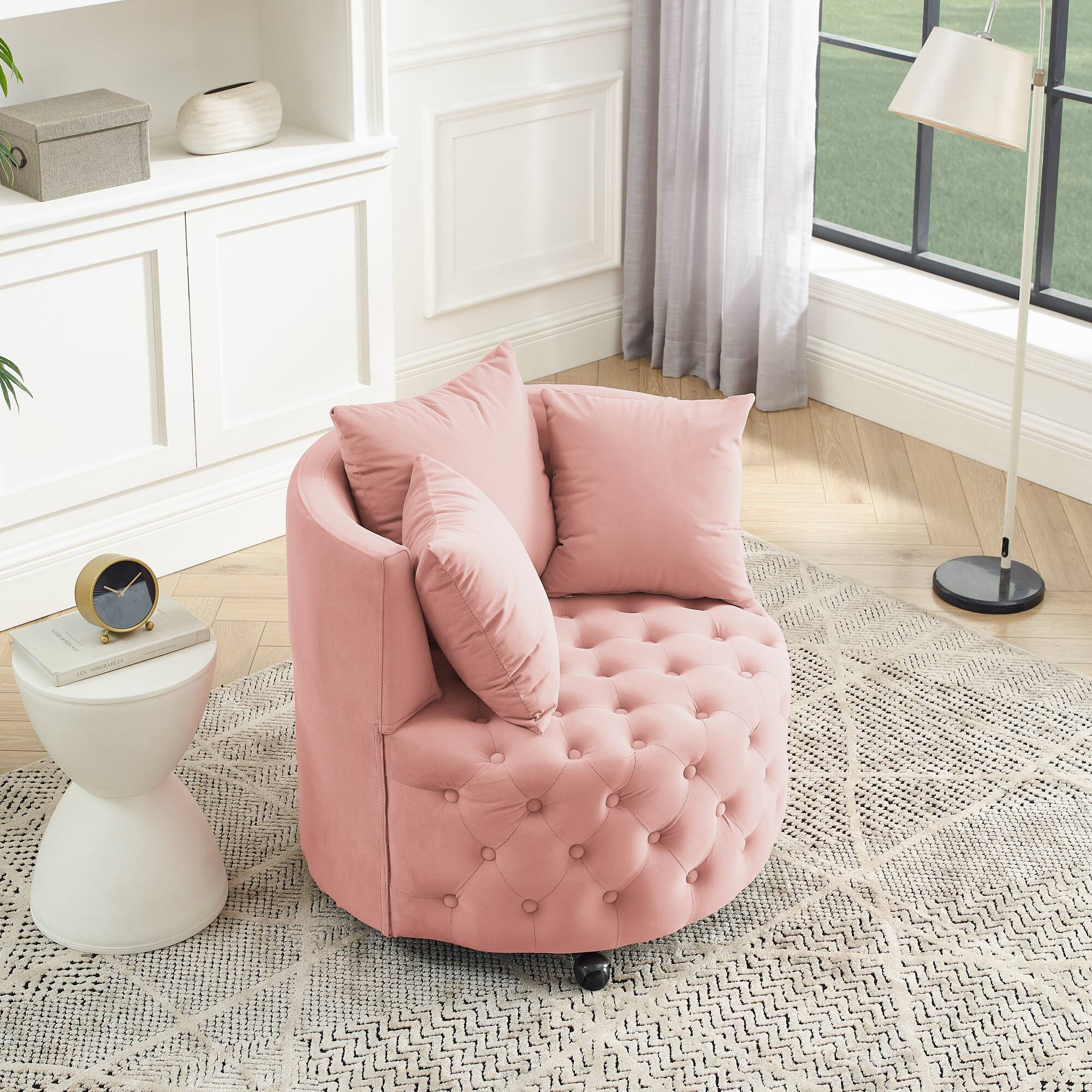 Back. GOODSILO - Luxury Upholstered Swivel Accent Chair with Tufted Back and Caster Wheels for Elegant Home Seating - Pink.