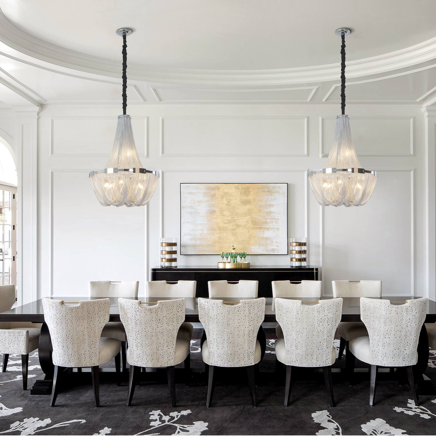 Angle. Umeiluce - 8 Lights Tassel China Pendant Light - Siliver.