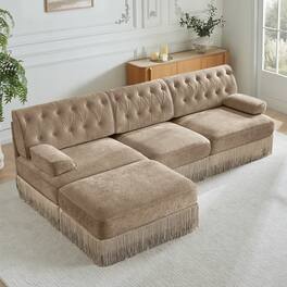 Anysun - 3-Seat Velvet Modular Sectional - Cloud Design, Tassel Skirt, Button Tufted, Foam Cushions & Wood Base for Living Room - Camel