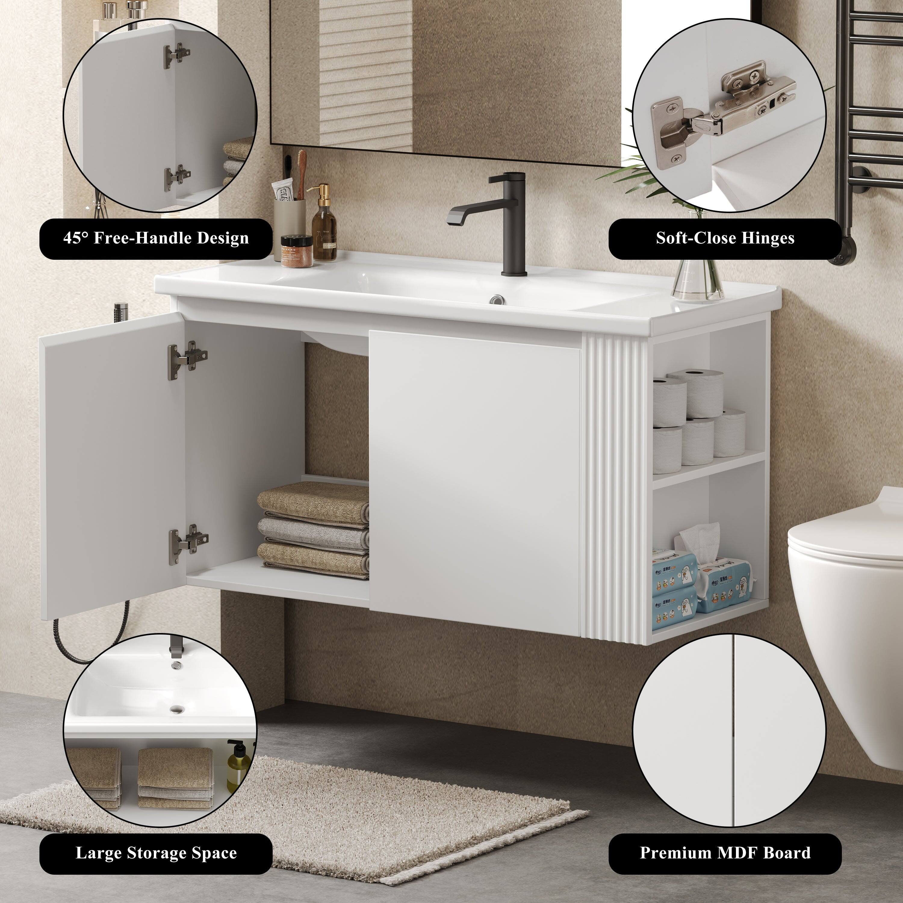 - 45° Free-Handle Design
- Soft-Close Hinges
- Large Storage Space
- Premium MDF Board