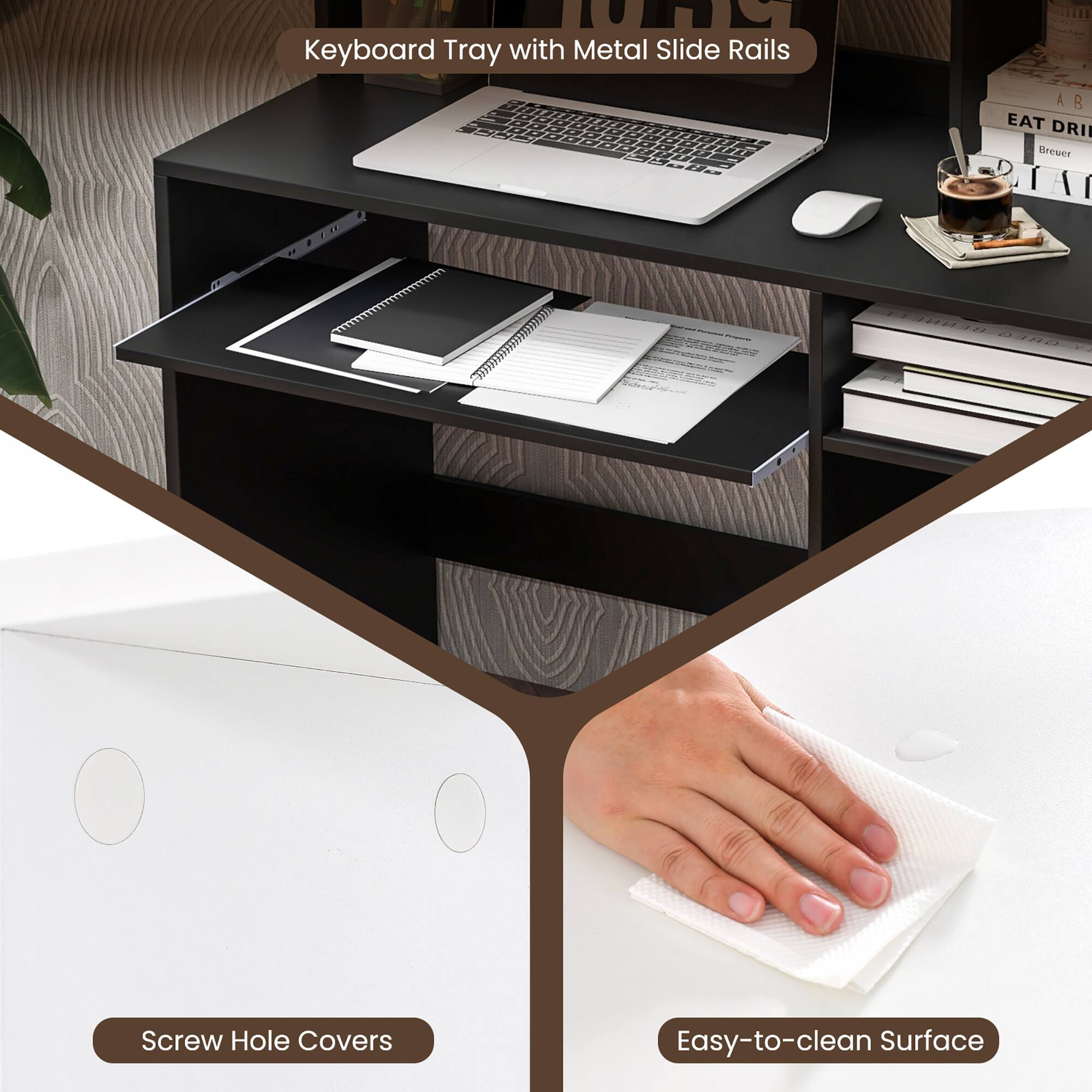 Keyboard Tray with Metal Slide Rails, Screw Hole Covers, Easy-to-clean Surface