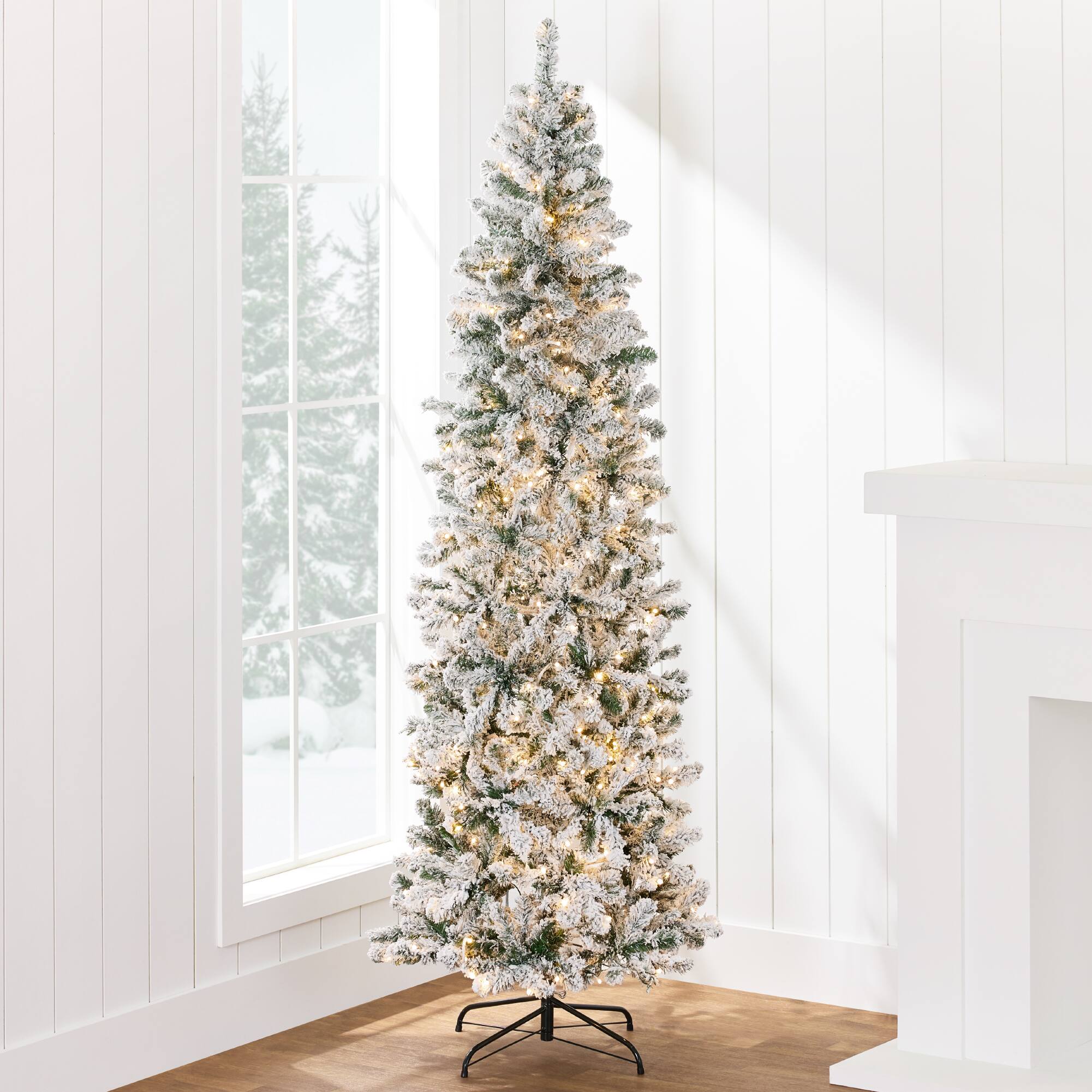 Best Choice Products - 9ft Pre-Lit Artificial Snow Flocked Pencil Christmas Tree Holiday Decoration w/ 500 Lights - White Lights