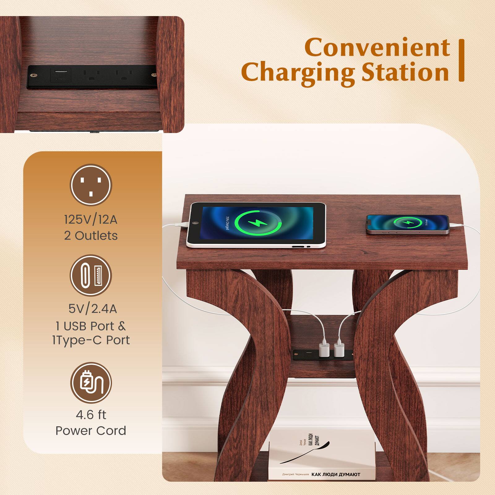 Convenient Charging Station

125V/12A 2 Outlets

5V/2.4A 1 USB Port & 1 Type-C Port

4.6 ft Power Cord