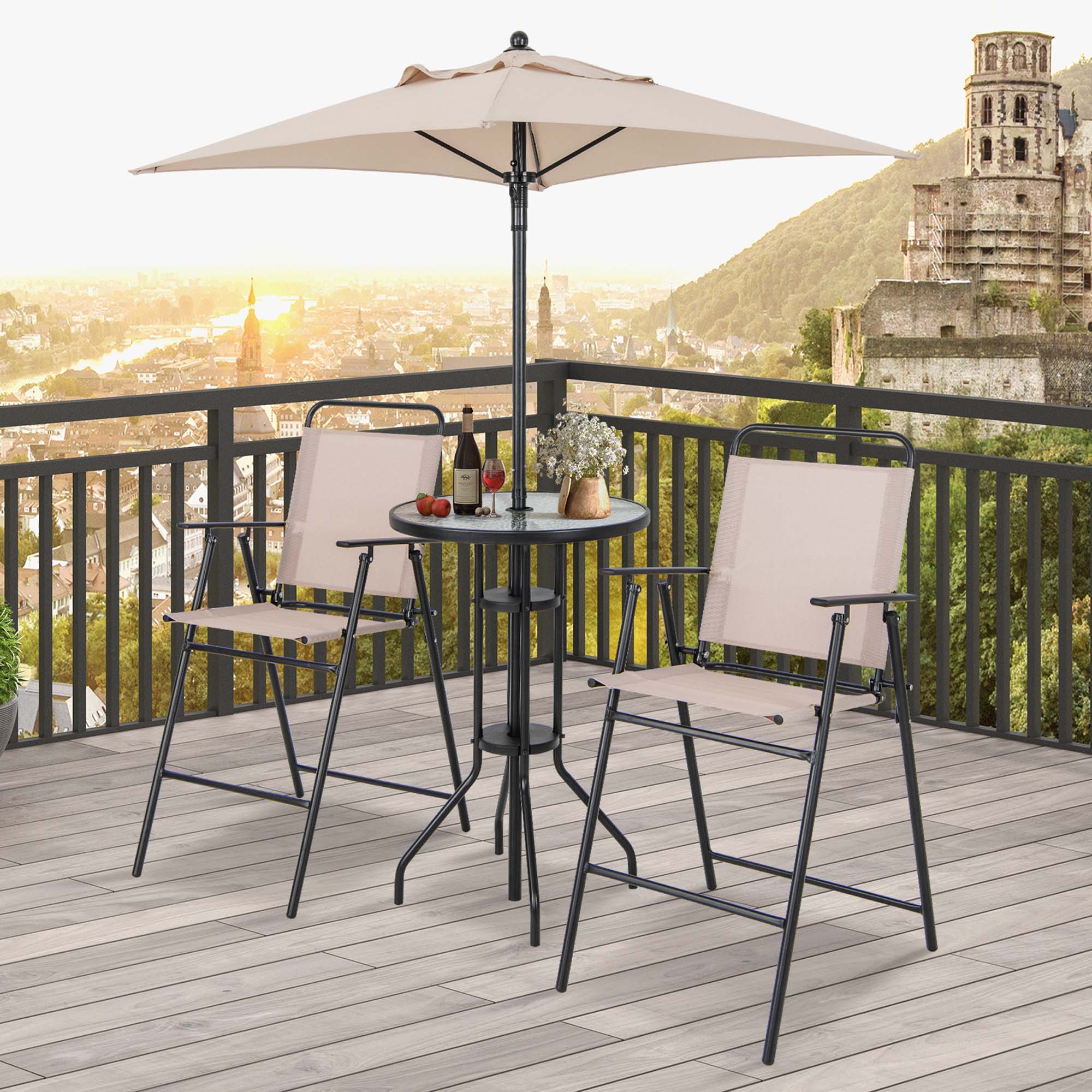 Alt View 3. Costway - Costway 4PCS Patio Bistro Set Folding Counter Height Chairs Round Bar Table& Umbrella - Beige / Black.