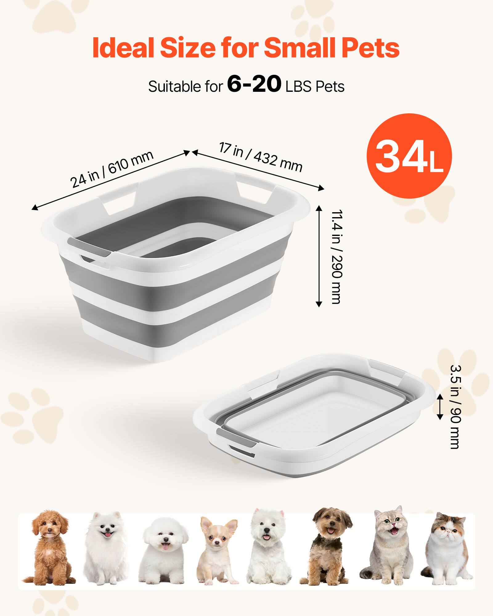 Ideal Size for Small Pets  
Suitable for 6-20 LBS Pets  

- 24 in / 610 mm  
- 17 in / 432 mm  
- 11.4 in / 290 mm  
- 3.5 in / 89 mm  

34L