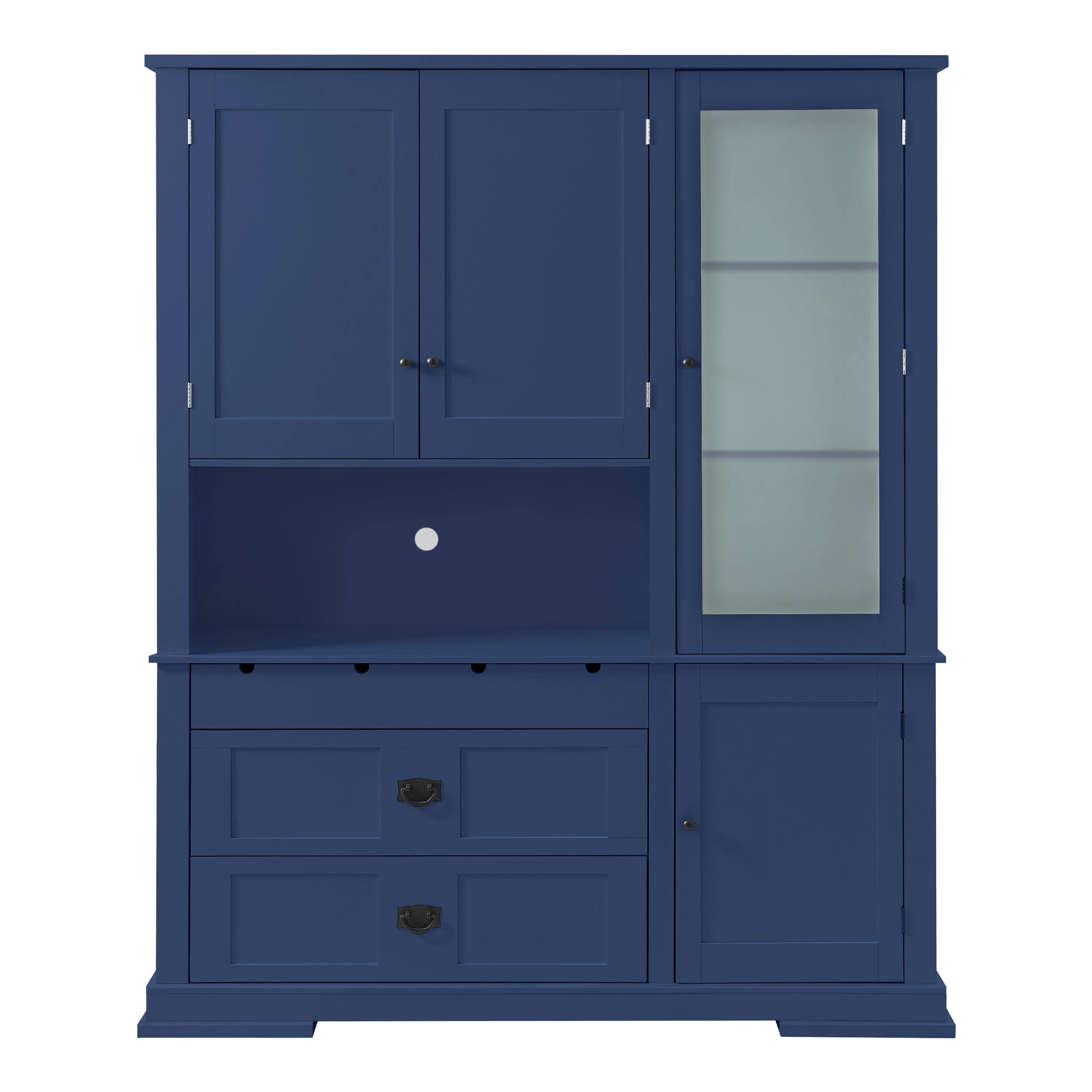 Back. Whisen - 63" W Kitchen Buffet with Hutch, Storage Pantry Cabinet with Microwave Workstation & 3 Drawers - Blue.
