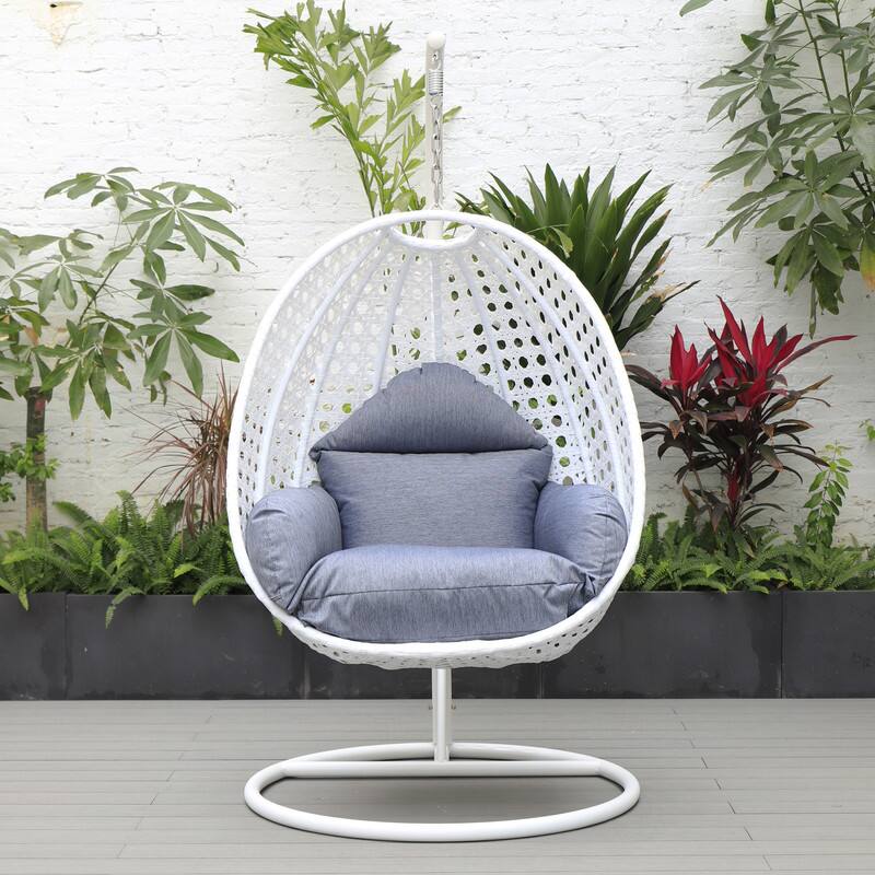 Back. LeisureMod - LeisureMod Modern Handwoven White Wicker Egg Swing Chair with Stand - Single Hanging Indoor/Outdoor Chair for Patio - Charcoal Blue.