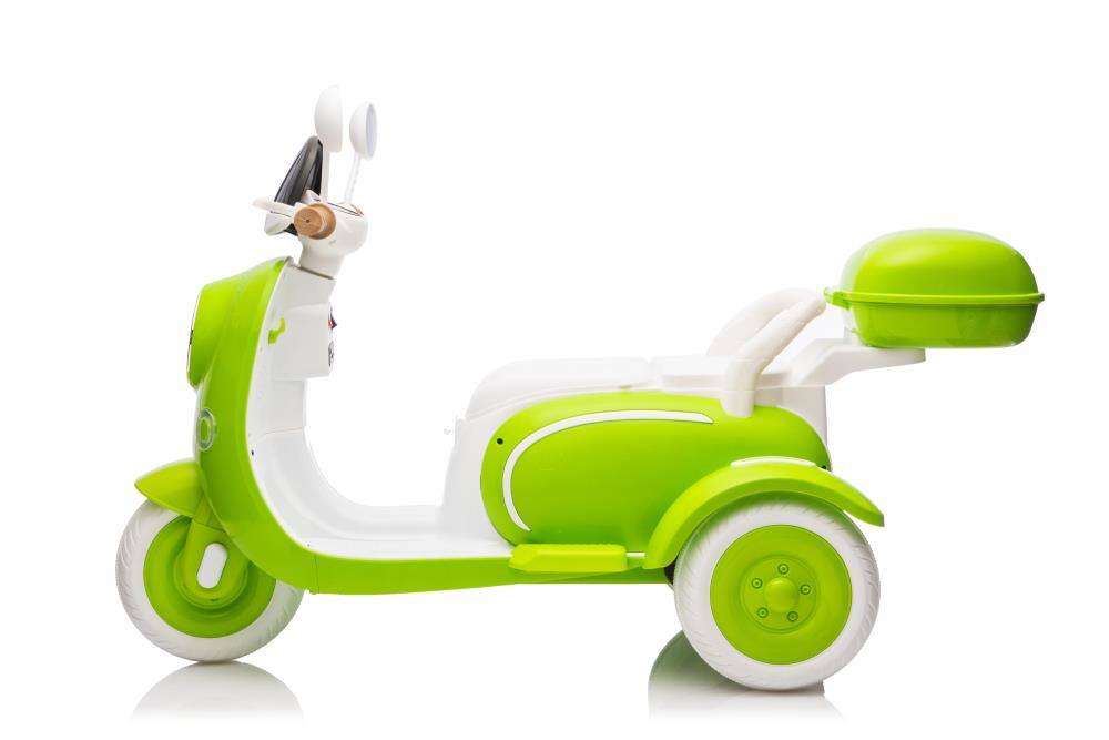Left. BreeBe - 12V Kids Electric Motorcycle, 3-Wheel Ride On Scooter w/ USB, Bluetooth, Lights, Storage, Dual Motor, Ages 3+ - Green.