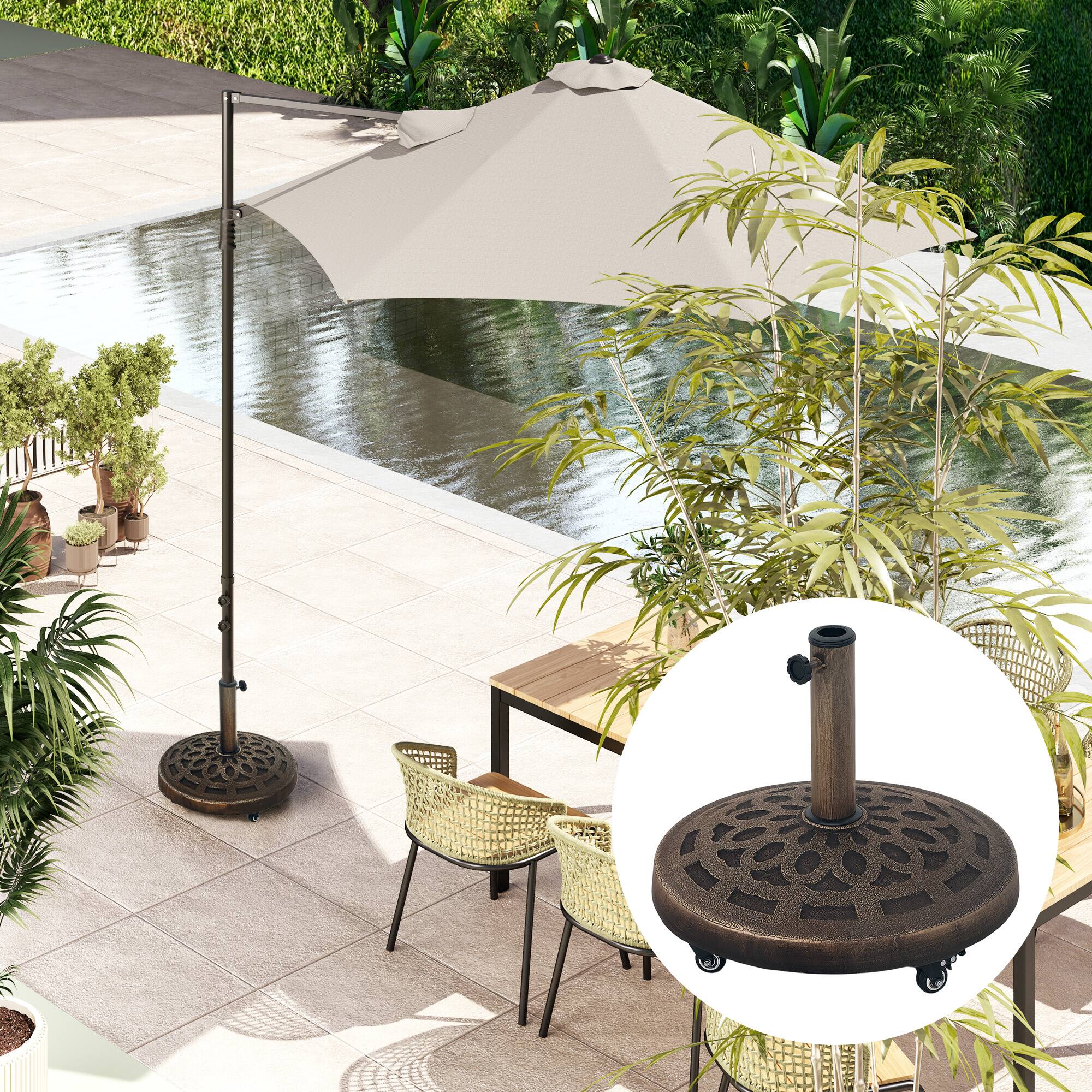 Alt View 5. Outsunny - Round Patio Umbrella Base with Wheels, 46 lbs Resin Umbrella Stand Base, Heavy Duty Patio Umbrella Holder - Bronze.
