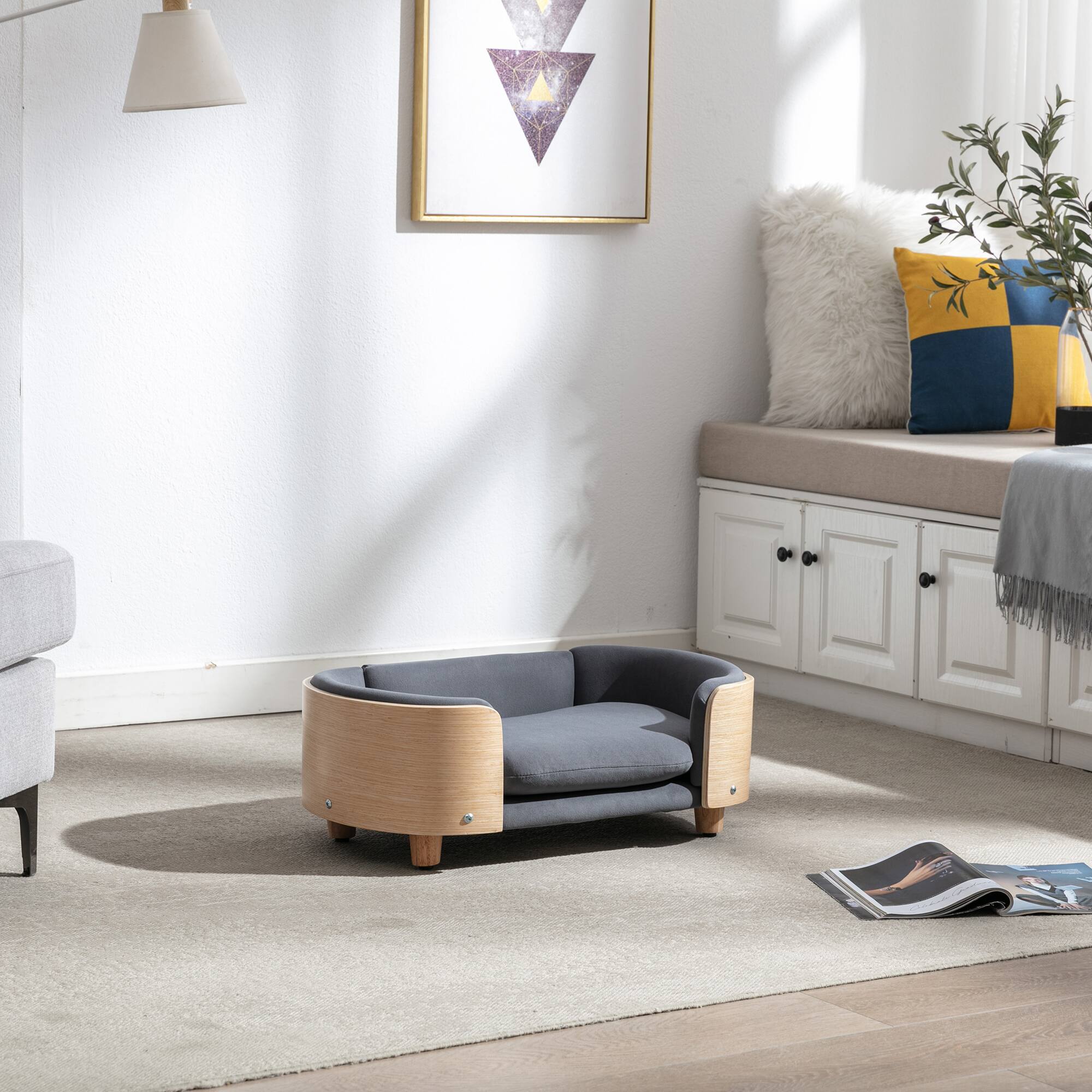 Alt View 6. APRILSOUL - Scandinavian style Elevated Dog Bed Pet Sofa With Solid Wood legs and Bent Wood Back Velvet Cushion Small Size - DARK GREY.