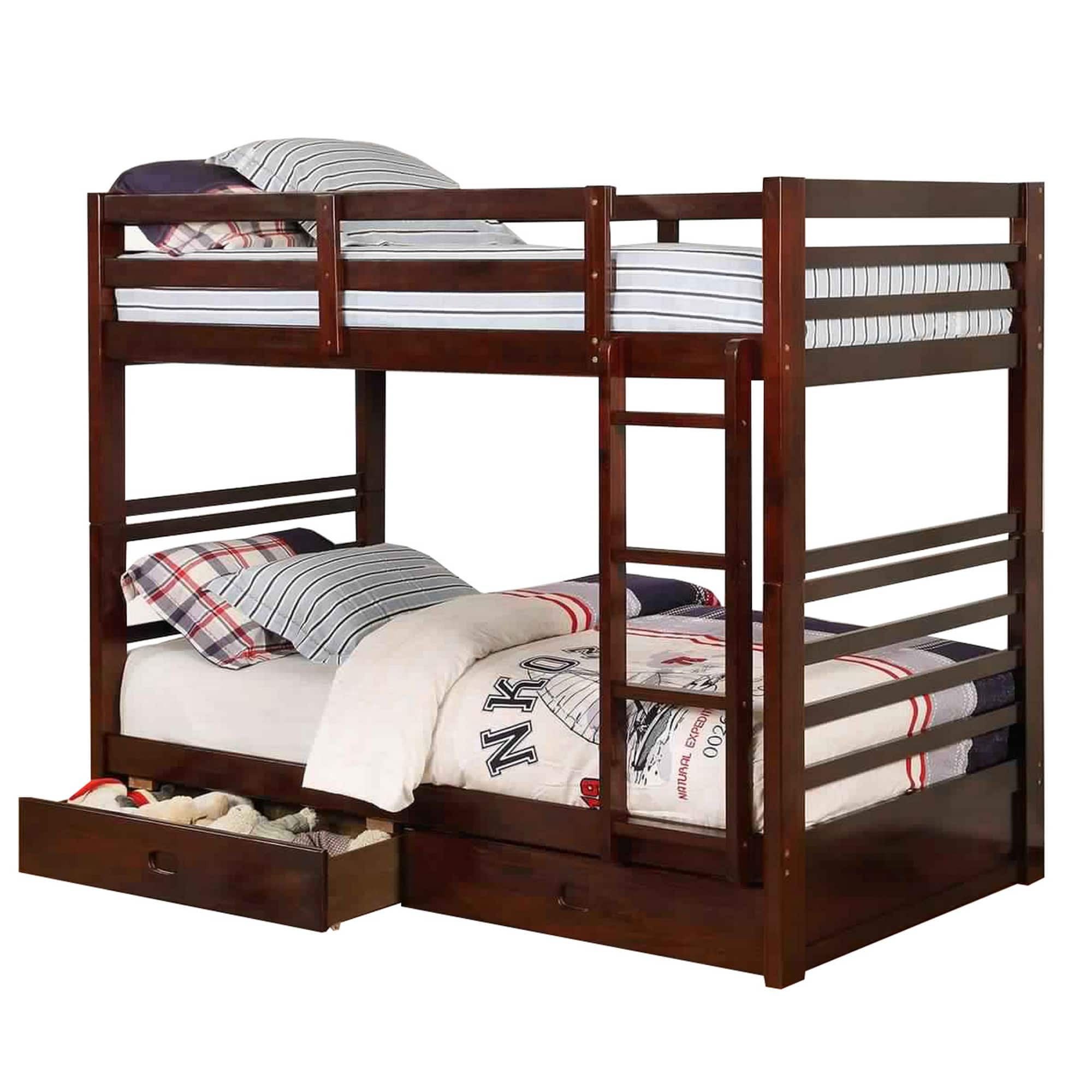 Manhattan Lane - Transitional Twin Over Twin Bed with Attached Ladder and Drawers, Brown - Brown