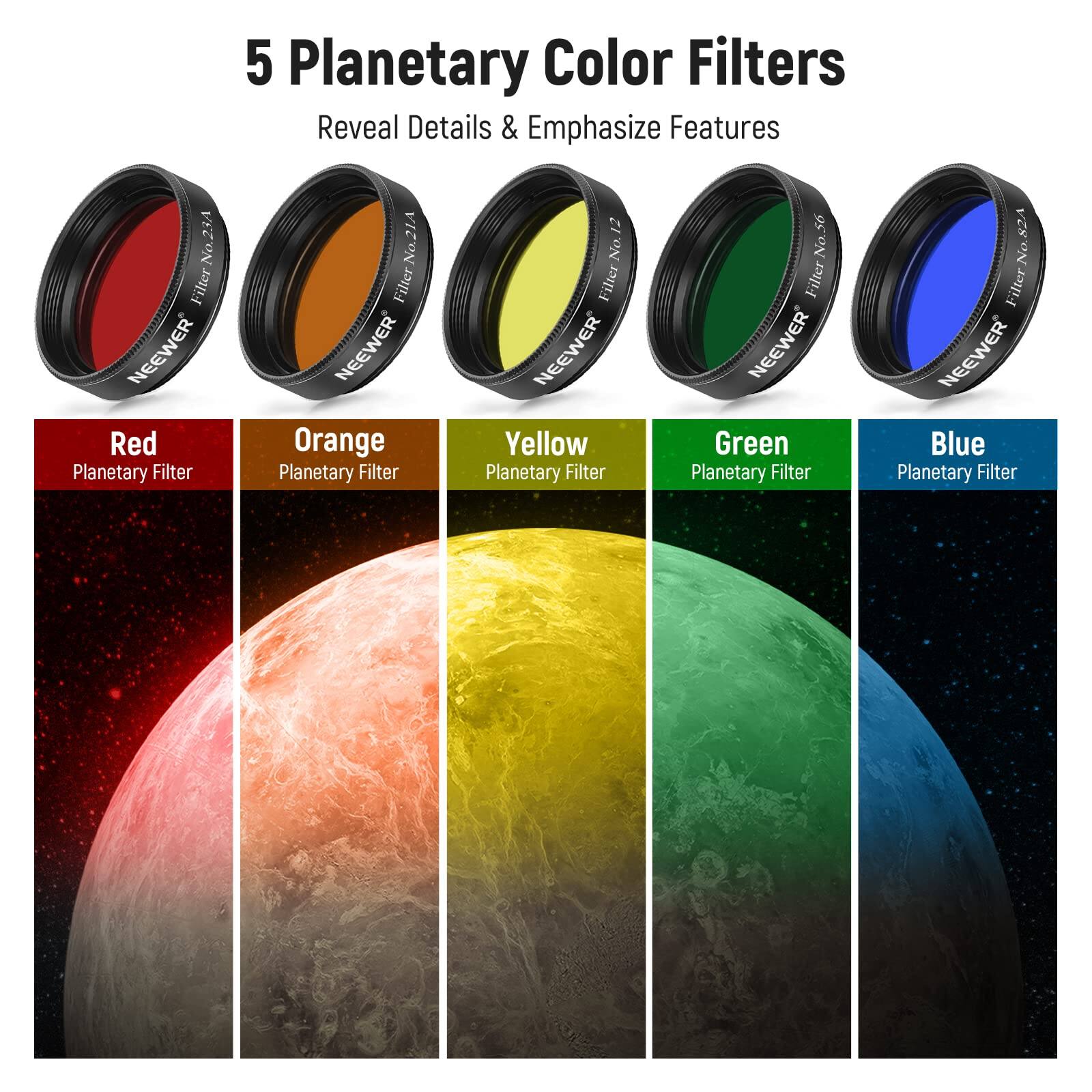 5 Planetary Color Filters Reveal Details & Emphasize Features

- No. 23A Filter: NEEWER Red Planetary Filter
- No. 2IA Filter: NEEWER Orange Planetary Filter
- No. 12 Filter: NEEWER Yellow Planetary Filter
- No. 56 Filter: NEEWER Green Planetary Filter
- No. 82A Filter: NEEWER Blue Planetary Filter