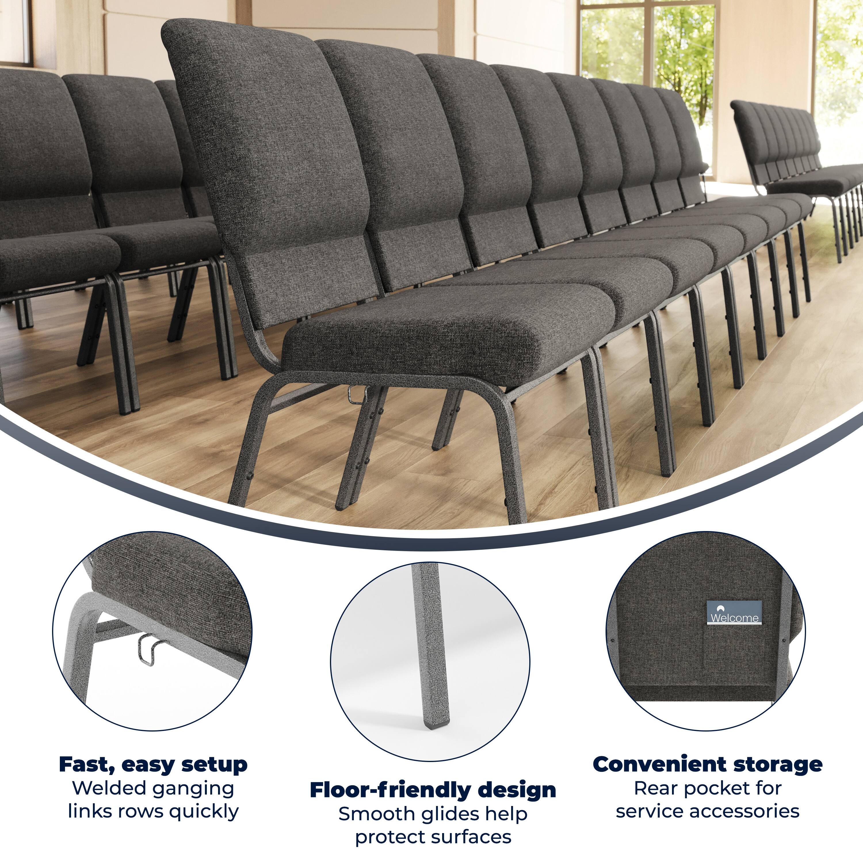 Fast, easy setup  
Welded ganging links rows quickly  

Floor-friendly design  
Smooth glides help protect surfaces  

Convenient storage  
Rear pocket for service accessories