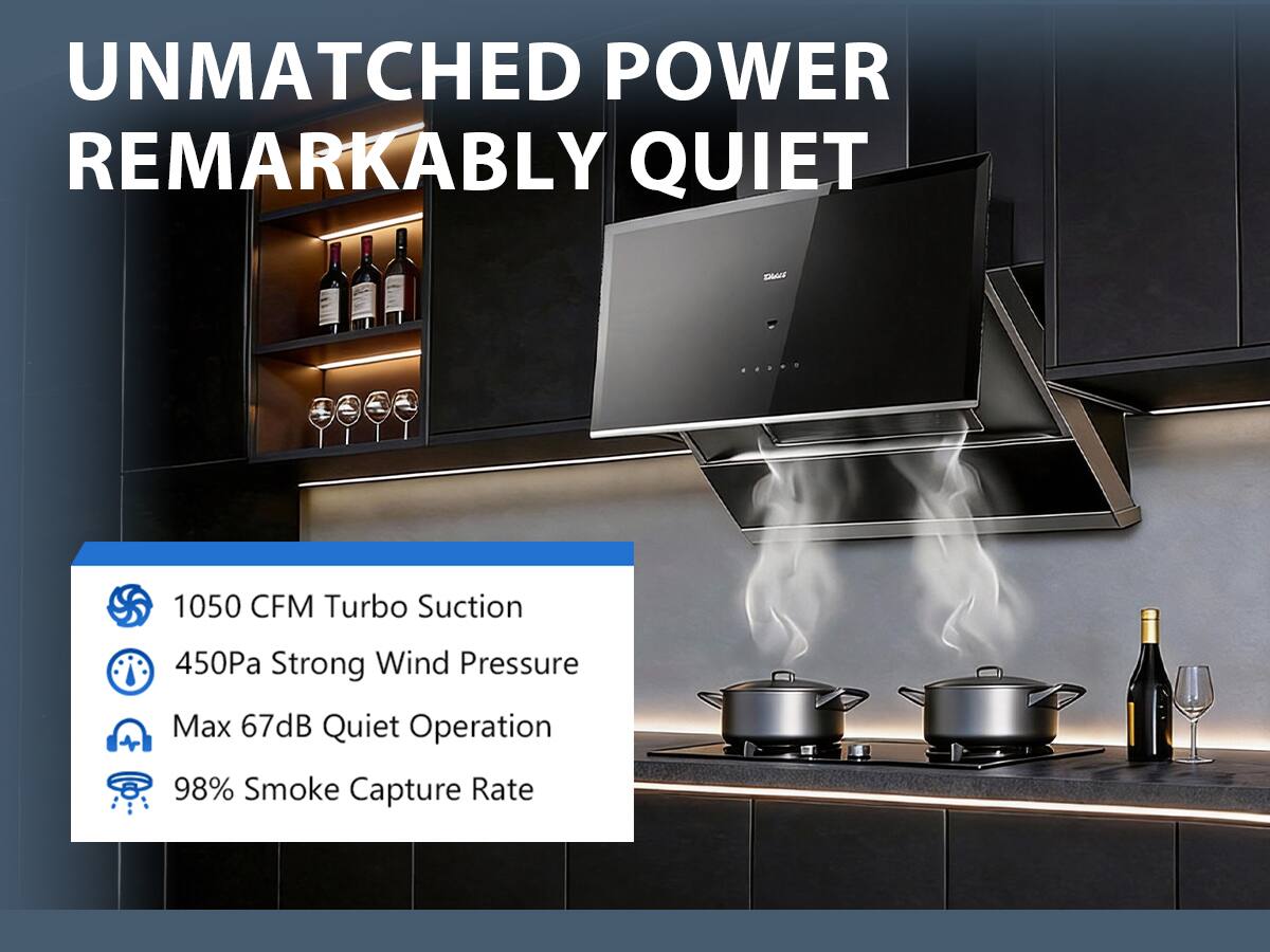UNMATCHED POWER REMARKABLY QUIET

1050 CFM Turbo Suction
450Pa Strong Wind Pressure
Max 67dB Quiet Operation
98% Smoke Capture Rate