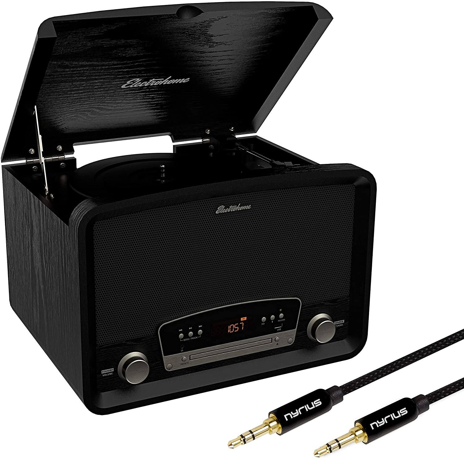Electrohome - Kingston Vintage Vinyl Record Player Stereo System with Bonus 3.5mm Aux Cable - Black