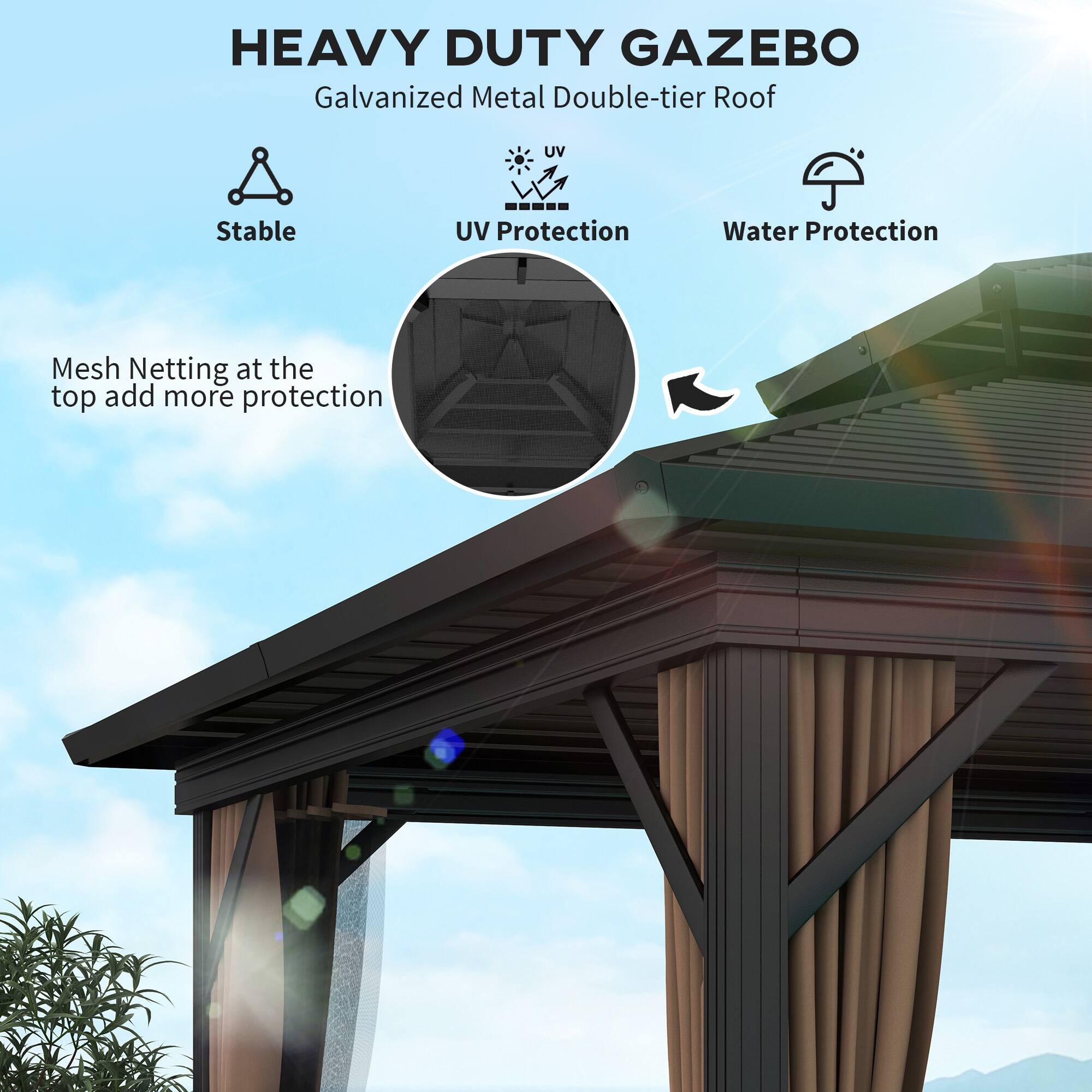 HEAVY DUTY GAZEBO, Galvanized Metal Double-tier Roof, UV Protection, Water Protection, Mesh Netting at the top add more protection