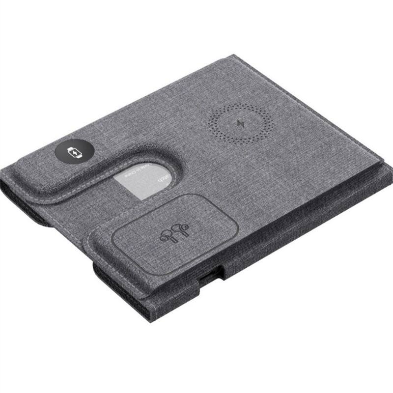 Back. RISOKEYS - Power Adapter - 15W Wireless Fast Charging Leather Foldable 3-in-1 Wireless Charger - Supports Wireless Charging Phones - Gray.