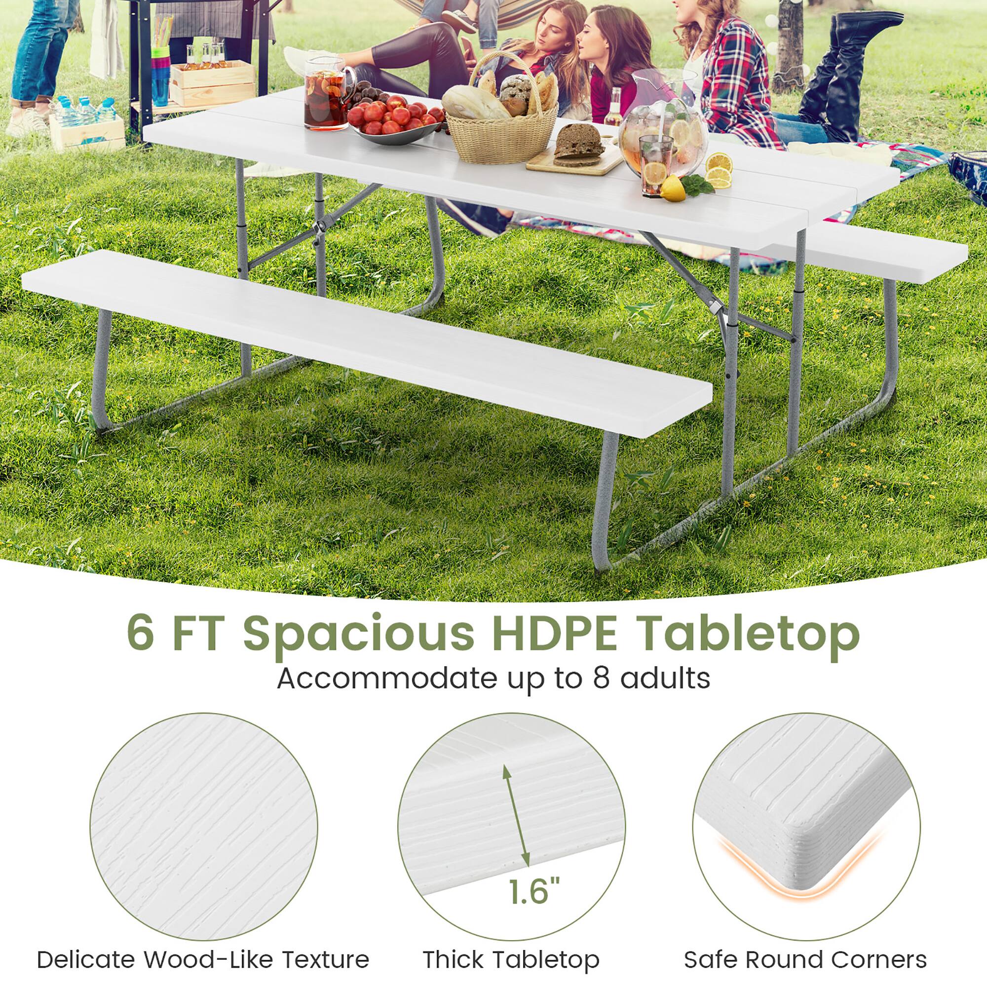 6 FT Spacious HDPE Tabletop  
Accommodate up to 8 adults  

Delicate Wood-Like Texture  
Thick Tabletop (1.6")  
Safe Round Corners