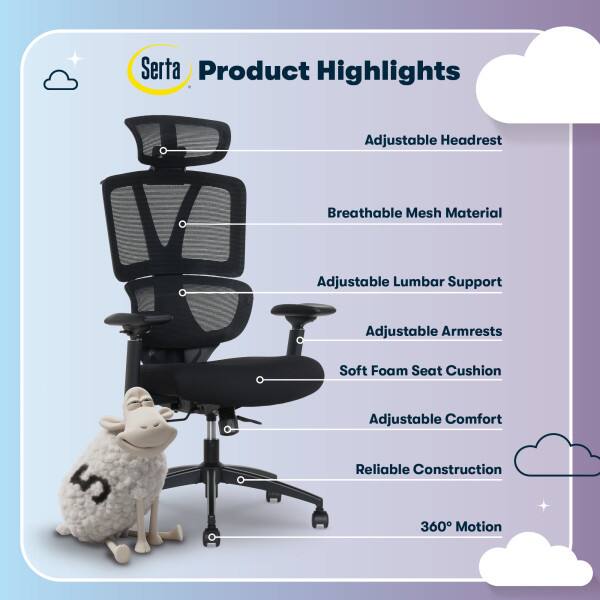 Serta Product Highlights

- Adjustable Headrest
- Breathable Mesh Material
- Adjustable Lumbar Support
- Adjustable Armrests
- Soft Foam Seat Cushion
- Adjustable Comfort
- Reliable Construction
- 360° Motion