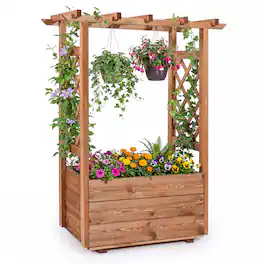 Gymax - Wooden Raised Garden Bed/ Lattice Trellises Hanging Roof Drainage Indoor Outdoor - Orange