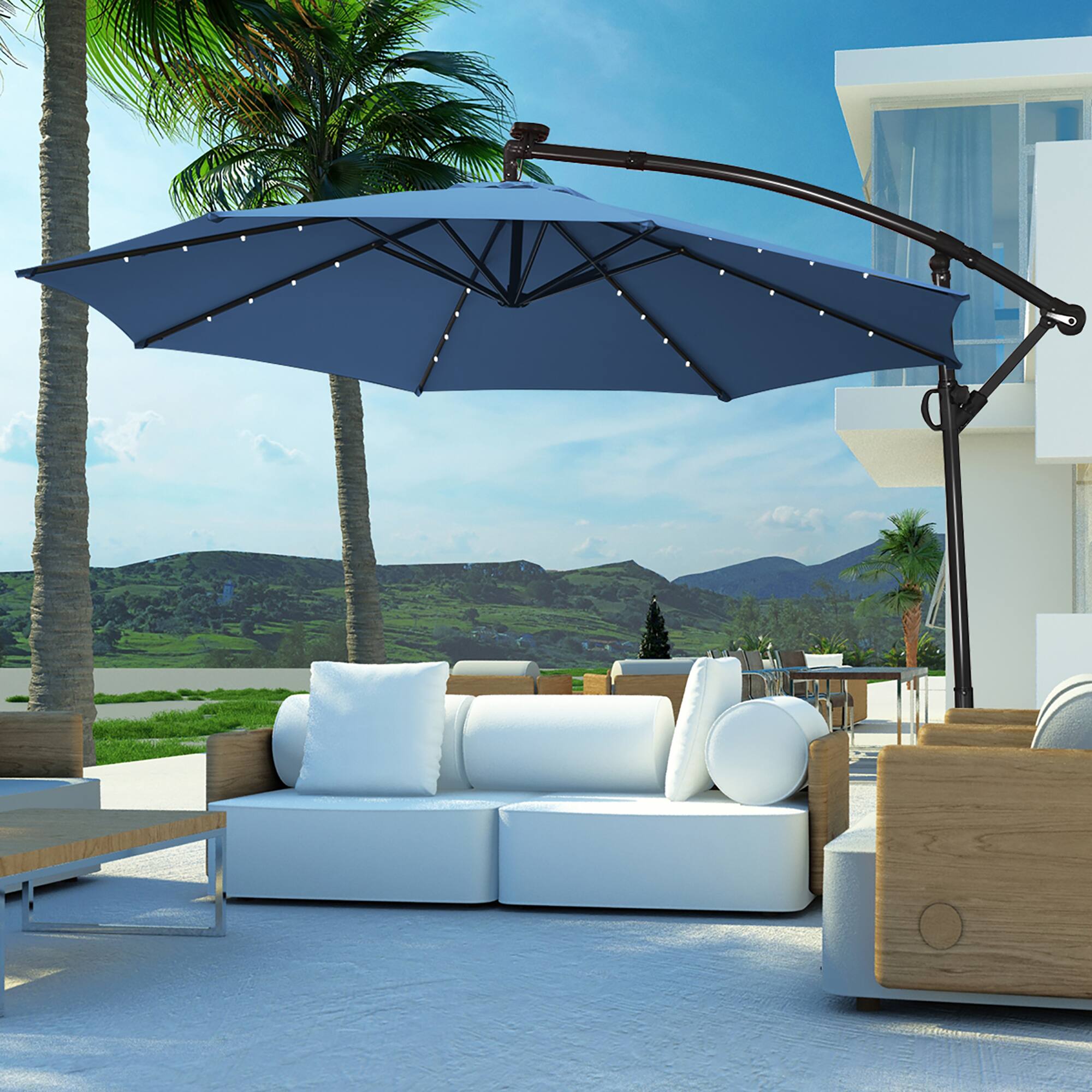 Alt View 3. Costway - 10FT Patio Offset Umbrella Solar Powered LED 360Degree Rotation Aluminum - Blue.