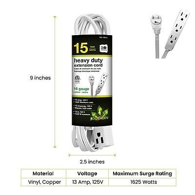 9 inches

"1 foot 309 15 4.5km heavy duty extension cord Coole" de VM Follage

16 gauge

NOY

ROOGREEN

2.5 inches

Material: Vinyl, Copper

Voltage: 13 Amp, 125V

Maximum Surge Rating: 1625 Watts
