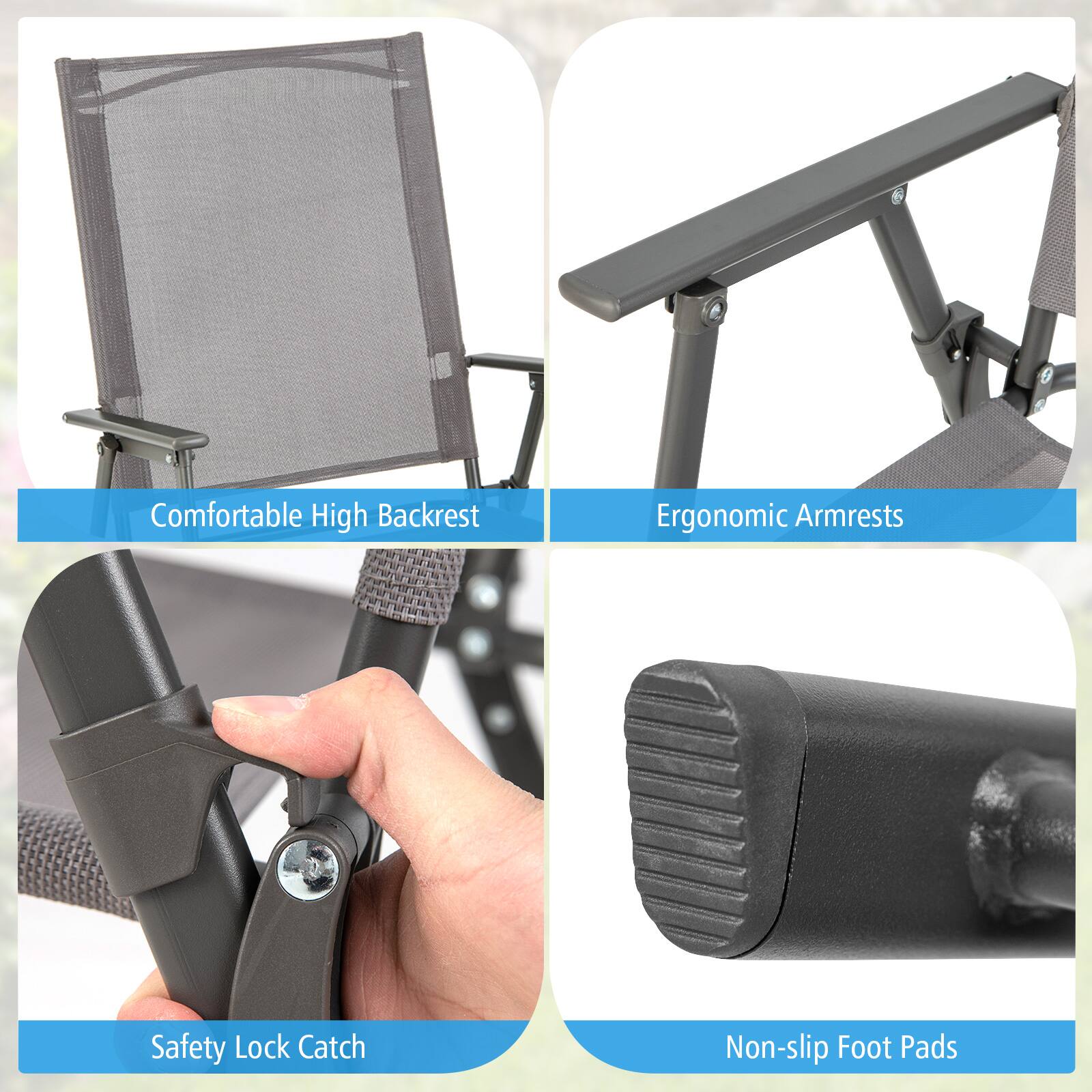 Comfortable High Backrest  
Ergonomic Armrests  
Safety Lock Catch  
Non-slip Foot Pads