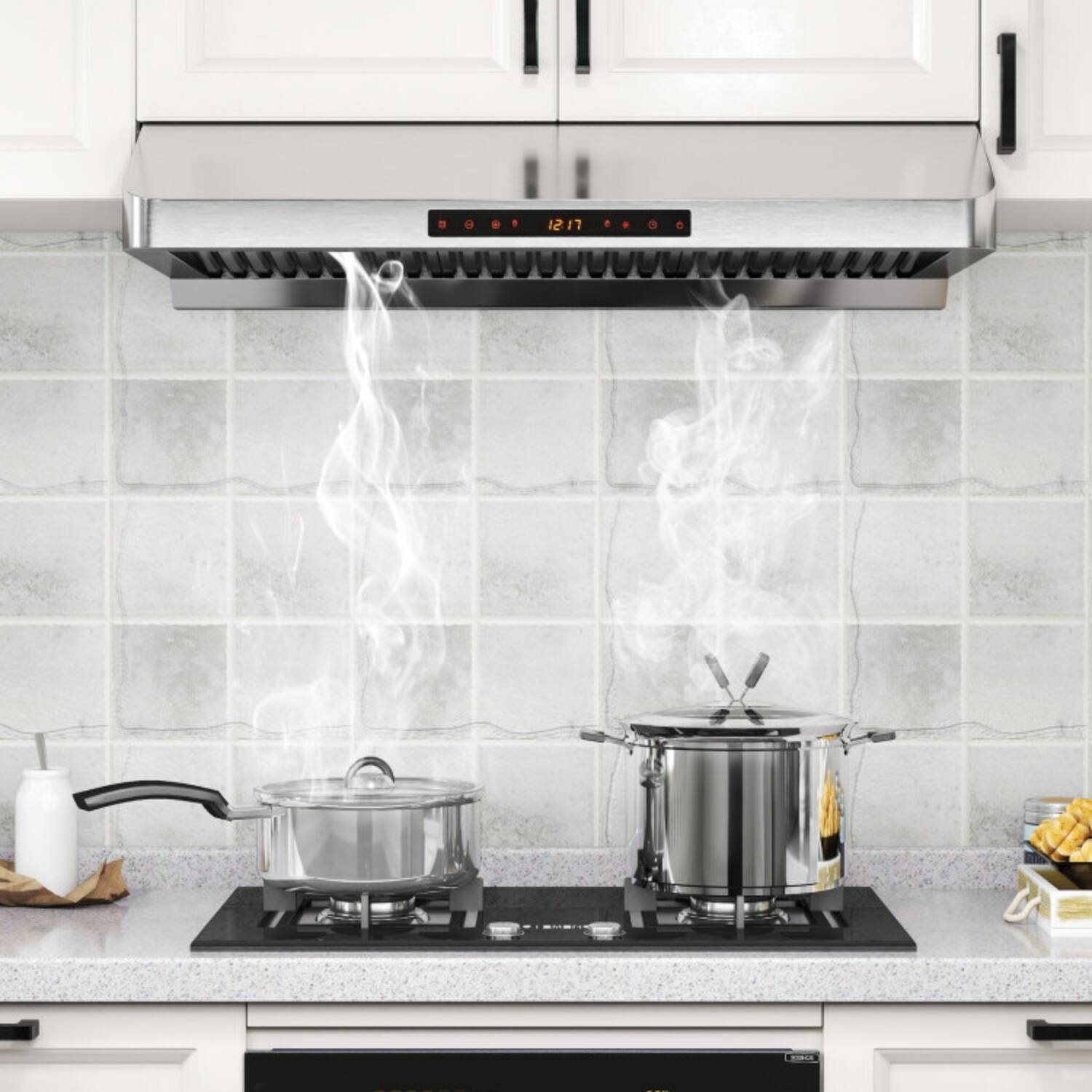 Front. LUCKY ONE - 36 Inch Under Cabinet Range Hood 900 CFM with 4 Speeds & Oil Collector - Kitchen Vent - Silver.