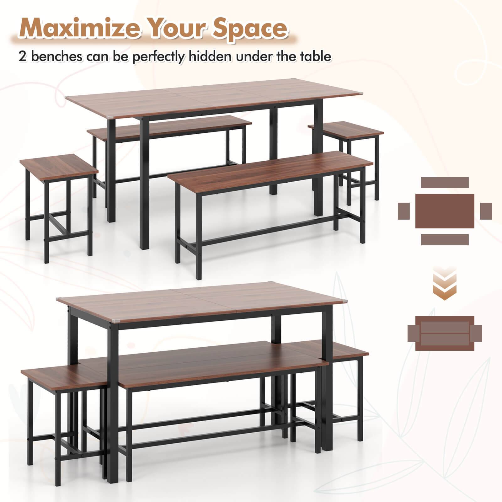 Maximize Your Space: 2 benches can be perfectly hidden under the table.