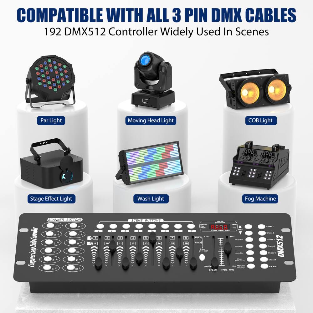 COMPATIBLE WITH ALL 3 PIN DMX CABLES  
192 DMX512 Controller Widely Used In Scenes  

- Par Light  
- Moving Head Light  
- COB Light  
- Stage Effect Light  
- Wash Light  
- Fog Machine  

SCANNER BUTTONS  
1 - 2 - 3 - 4 - 5  

SCENE BUTTONS  
1 - 2 - 3 - 4 - 5 - 6 - 7 - 8 - 9 - 10 - 11 - 12  

DMX512