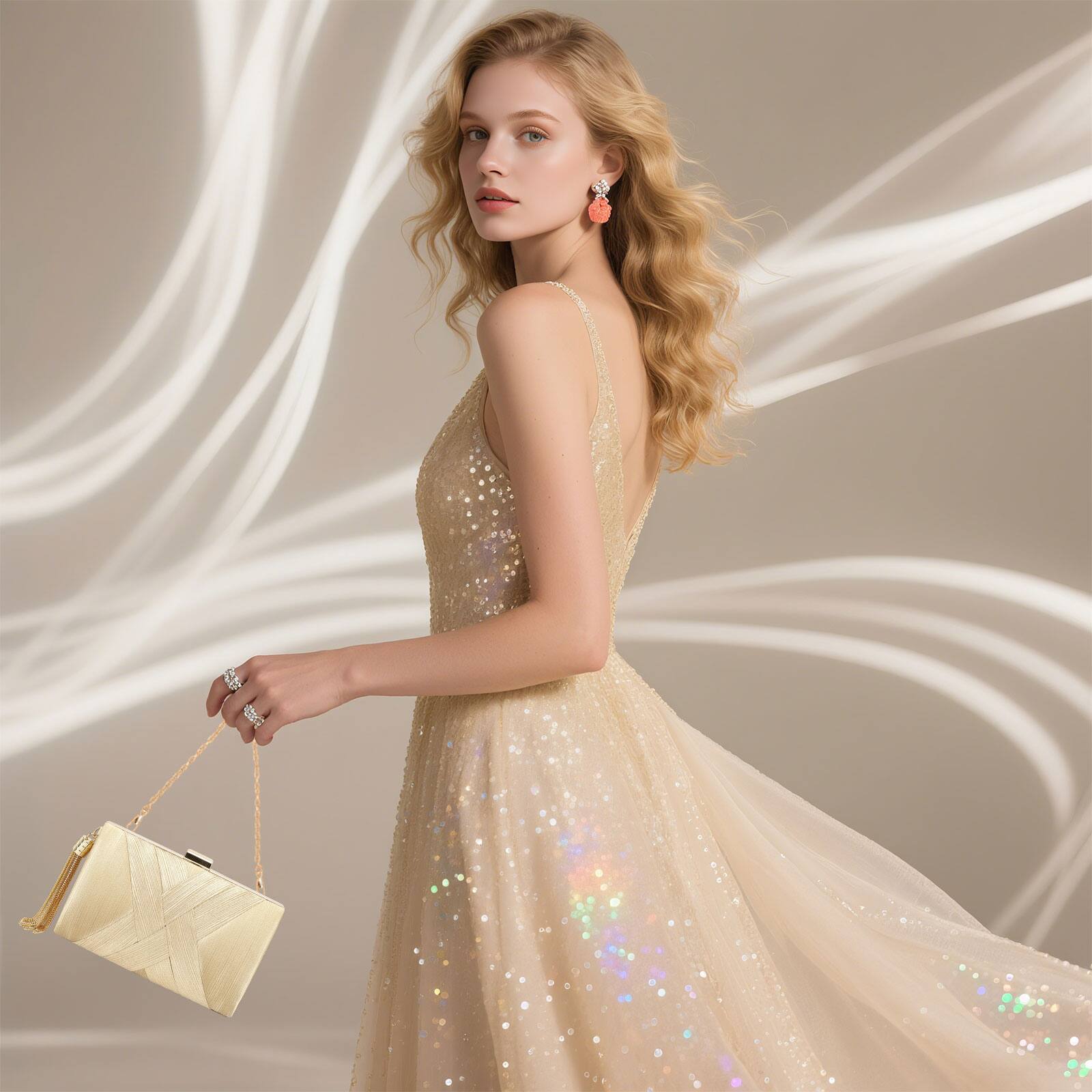 Alt View 1. Unique Bargains - Satin Evening Bag Clutch Purse for Women, Chain Tassel Wedding Handbag Compact Formal Clutch for Party Bride - Gold.