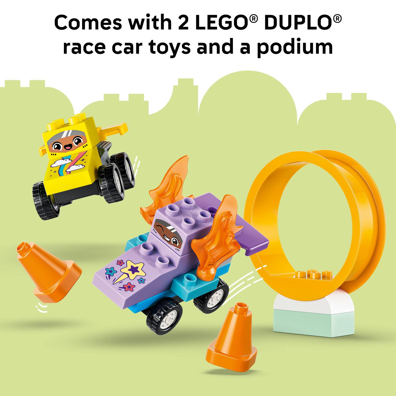 Comes with 2 LEGO DUPLO race car toys and a podium