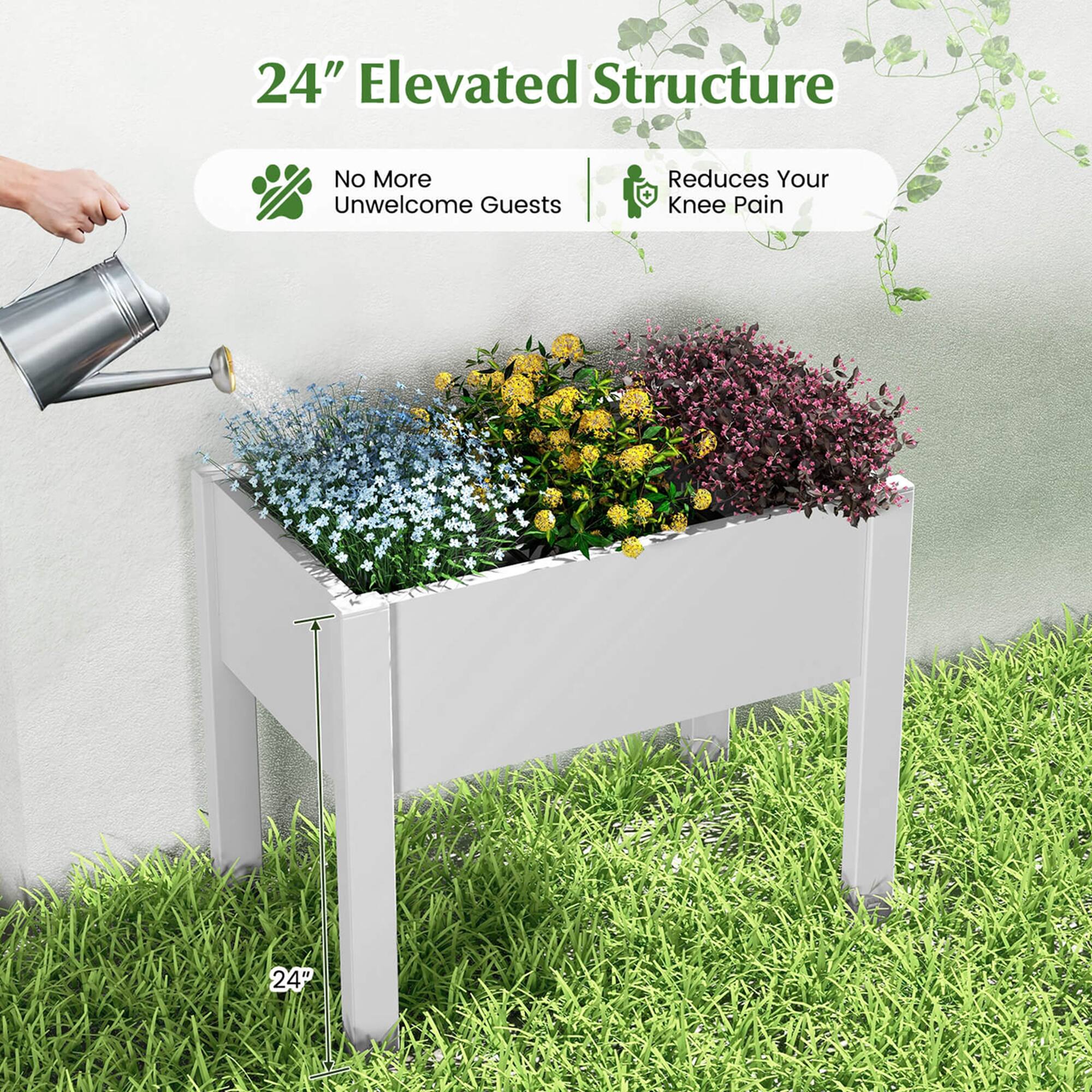 The text on the image reads: "24" Elevated Structure No More Unwelcome Guests Reduces Your Knee Pain." This suggests that the 24" elevated structure is designed to keep unwelcome guests away and provide relief from knee pain.