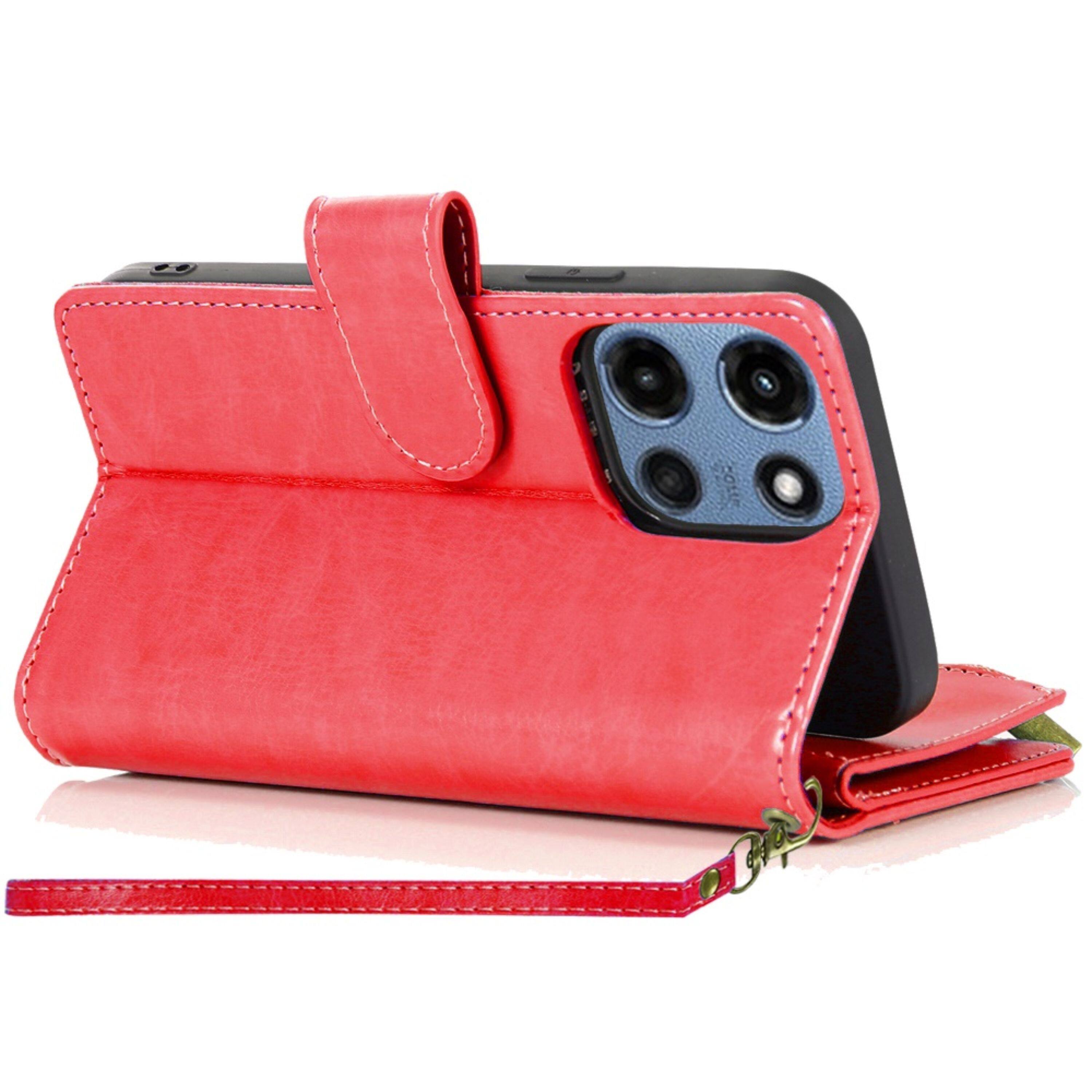 Left. Kitcheniva - Fashionable Zipper Wallet Phone Cover With Tempered Glass For Moto G 2025/2026/G Play 2026 Red - Red.