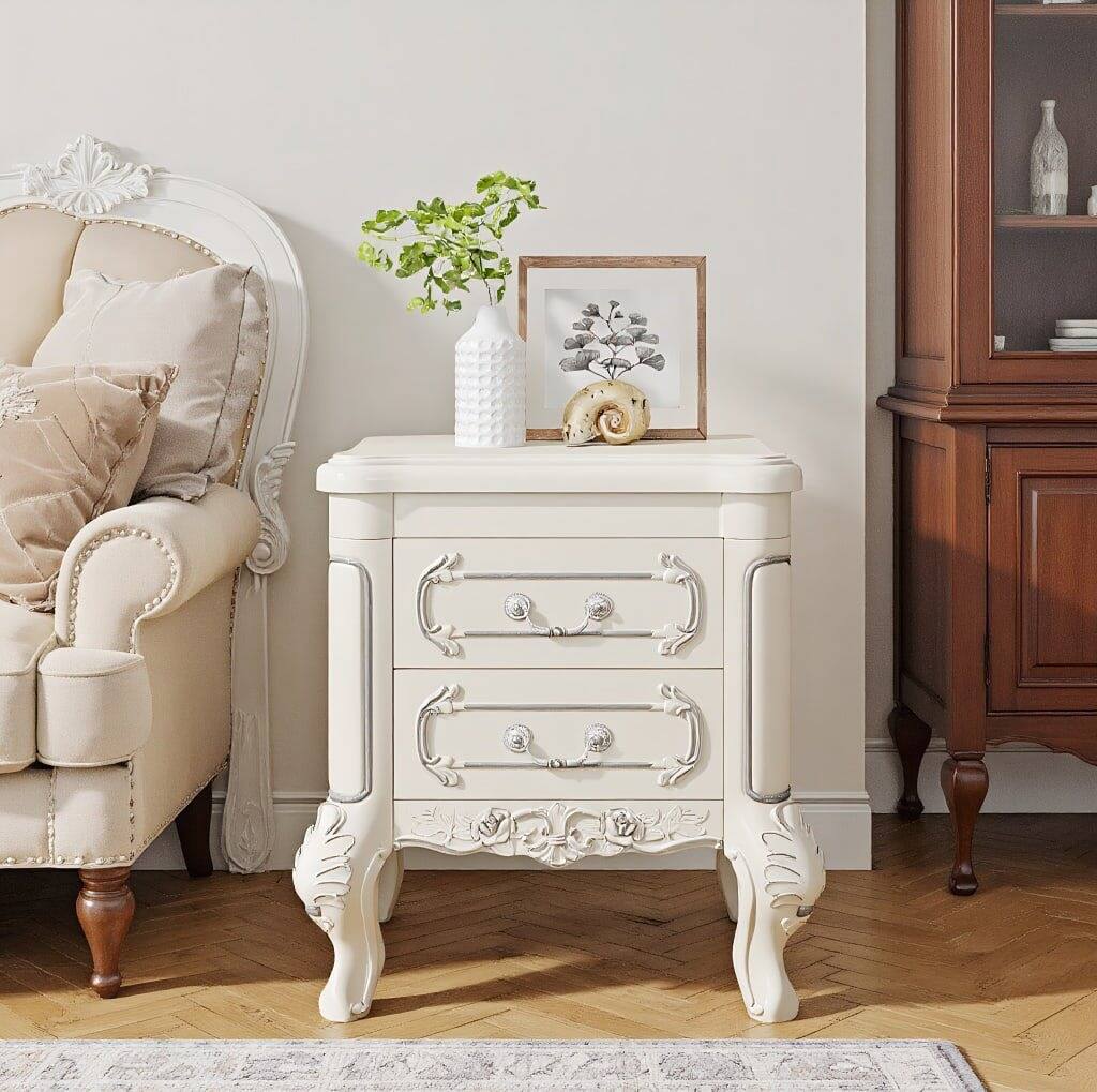 Back. Kadyn - Kadyn Elegant Carved Nightstand, Dual Drawer End Table for Bedroom, Sturdy & Stylish, White - White.