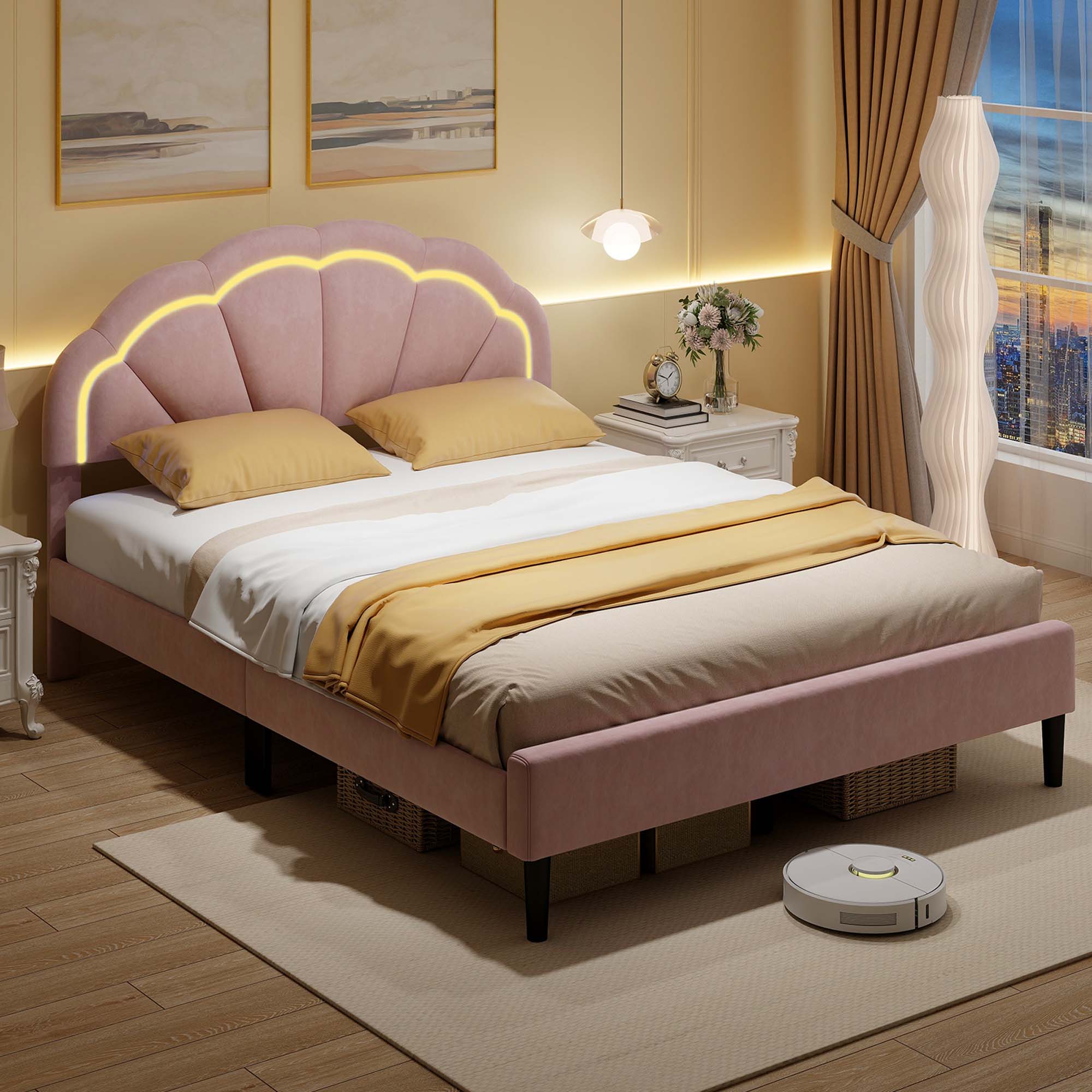 Alt View 1. Costway - Queen Size Upholstered LED Bed Frame Soft Velvet Platform Bed with Flower Headboard - Pink.