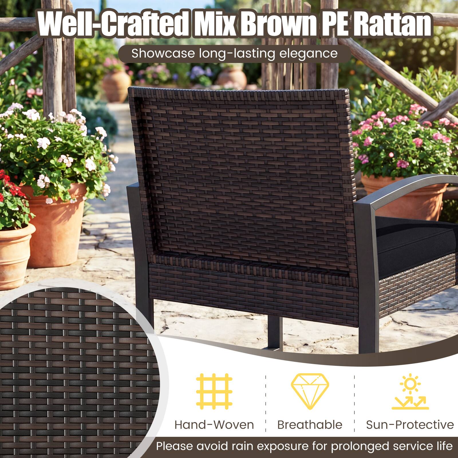 Well-Crafted Mix Brown PE Rattan  
Showcase long-lasting elegance  

Hand-Woven  
Breathable  
Sun-Protective  

Please avoid rain exposure for prolonged service life