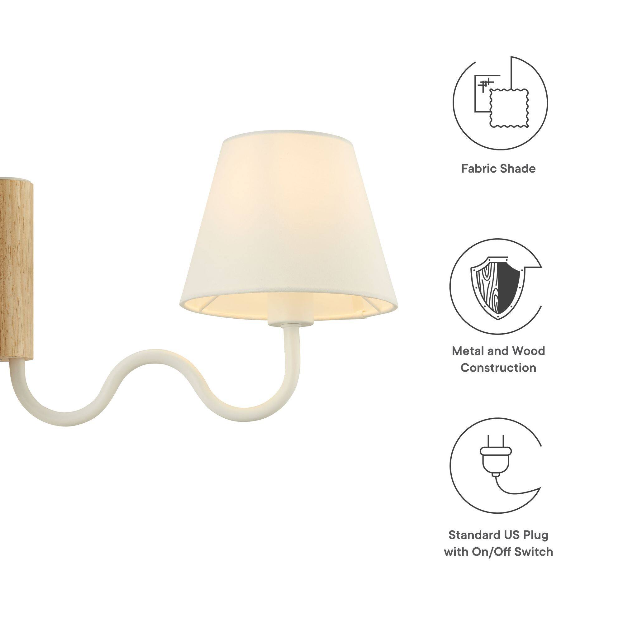 - Fabric Shade
- Metal and Wood Construction
- Standard US Plug with On/Off Switch