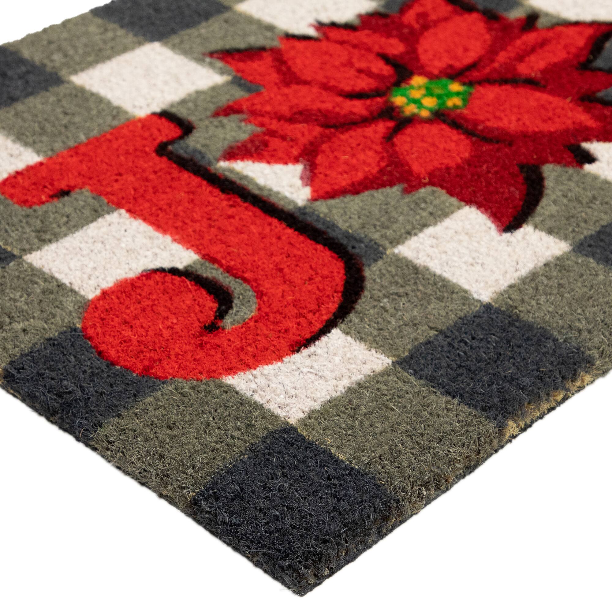 Alt View 5. Northlight - Gray and Red Poinsettia "Joy" Christmas Natural Coir Outdoor Doormat 18" x 30" - Gray.