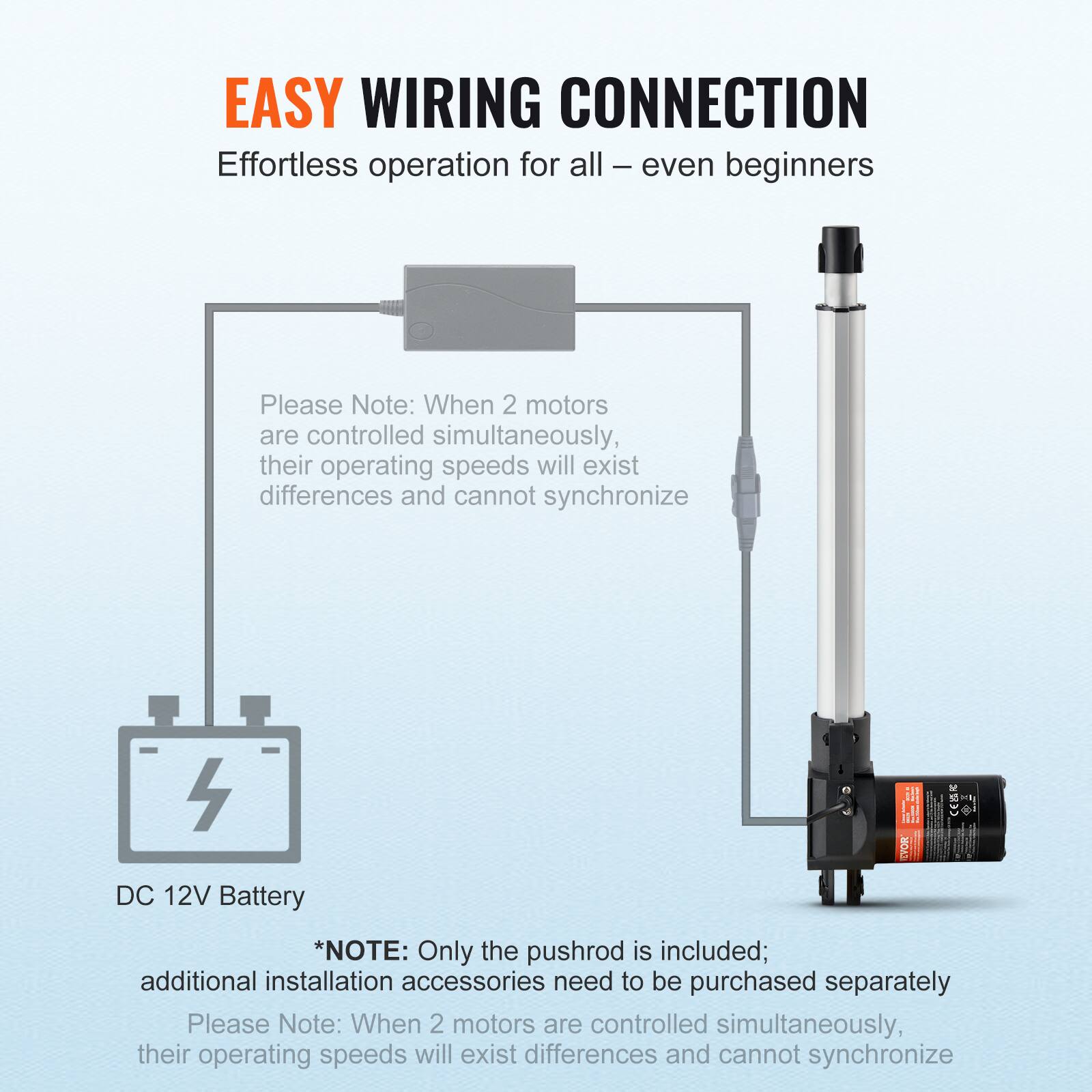 EASY WIRING CONNECTION  
Effortless operation for all – even beginners  

Please Note: When 2 motors are controlled simultaneously, their operating speeds will exist differences and cannot synchronize  

DC 12V Battery  

*NOTE: Only the pushrod is included; additional installation accessories need to be purchased separately  

Please Note: When 2 motors are controlled simultaneously, their operating speeds will exist differences and cannot synchronize