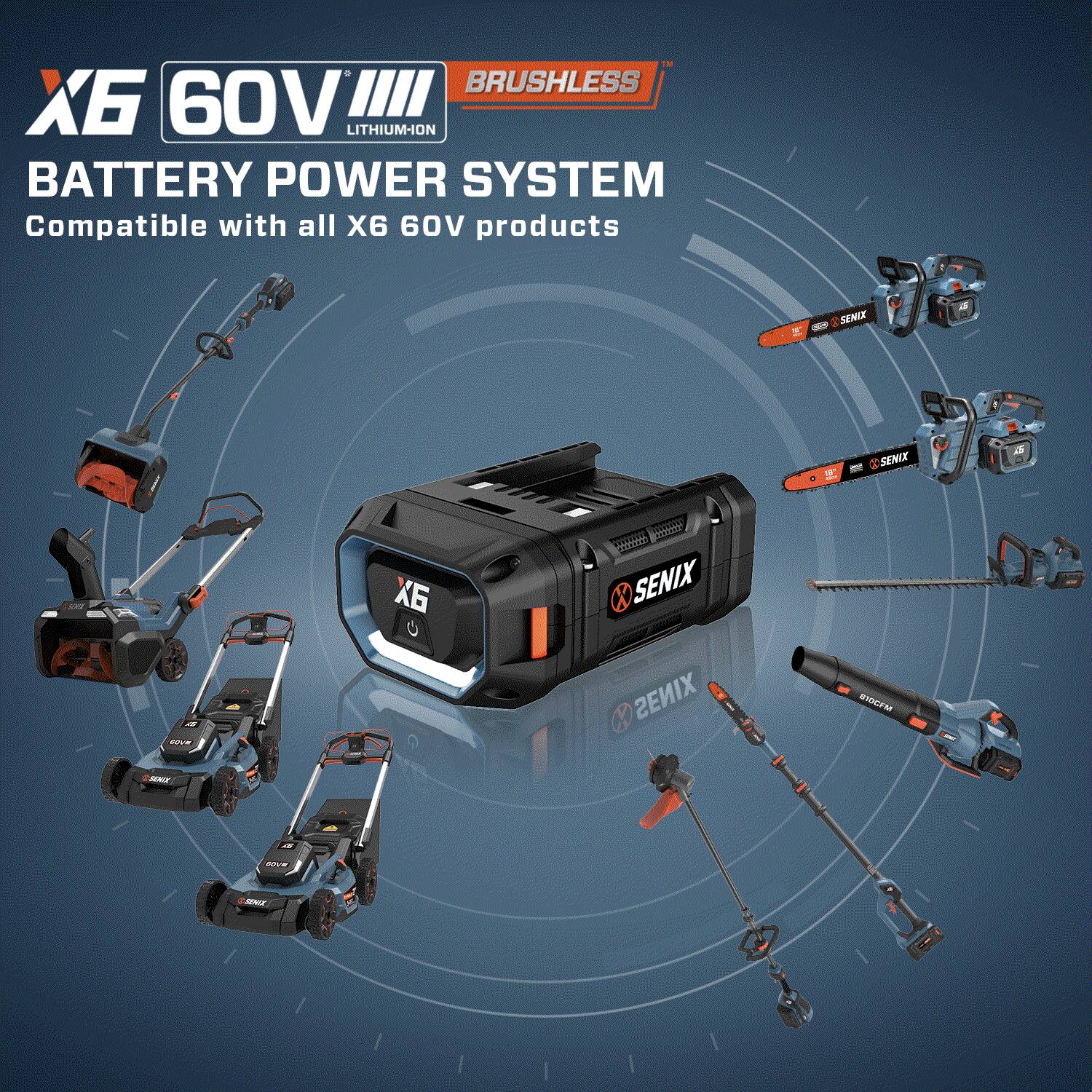 X6 60V III BRUSHLESS LITHIUM-ION BATTERY POWER SYSTEM  
Compatible with all X6 60V products  
SENIX