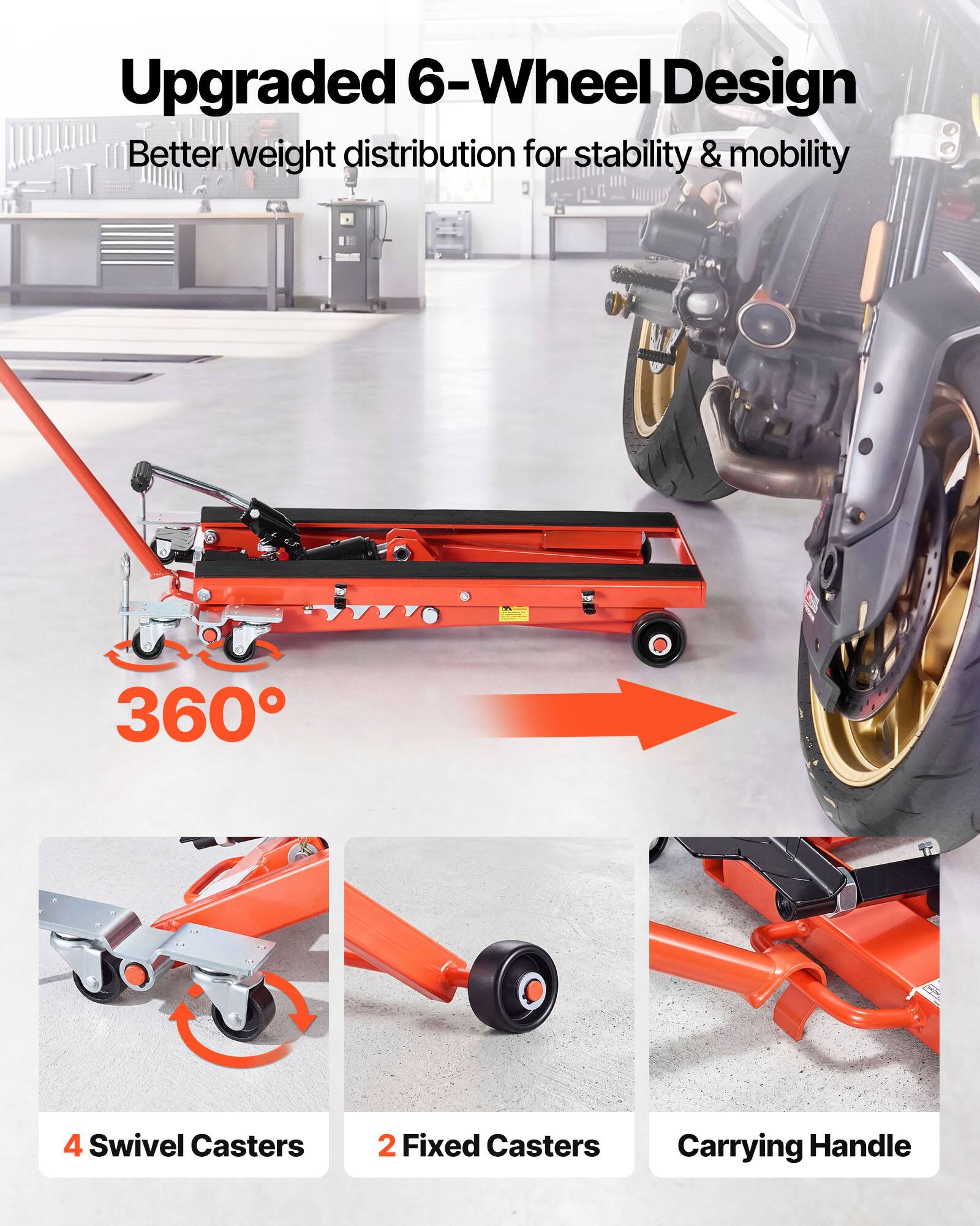 Upgraded 6-Wheel Design  
Better weight distribution for stability & mobility  

360°  

4 Swivel Casters  
2 Fixed Casters  
Carrying Handle